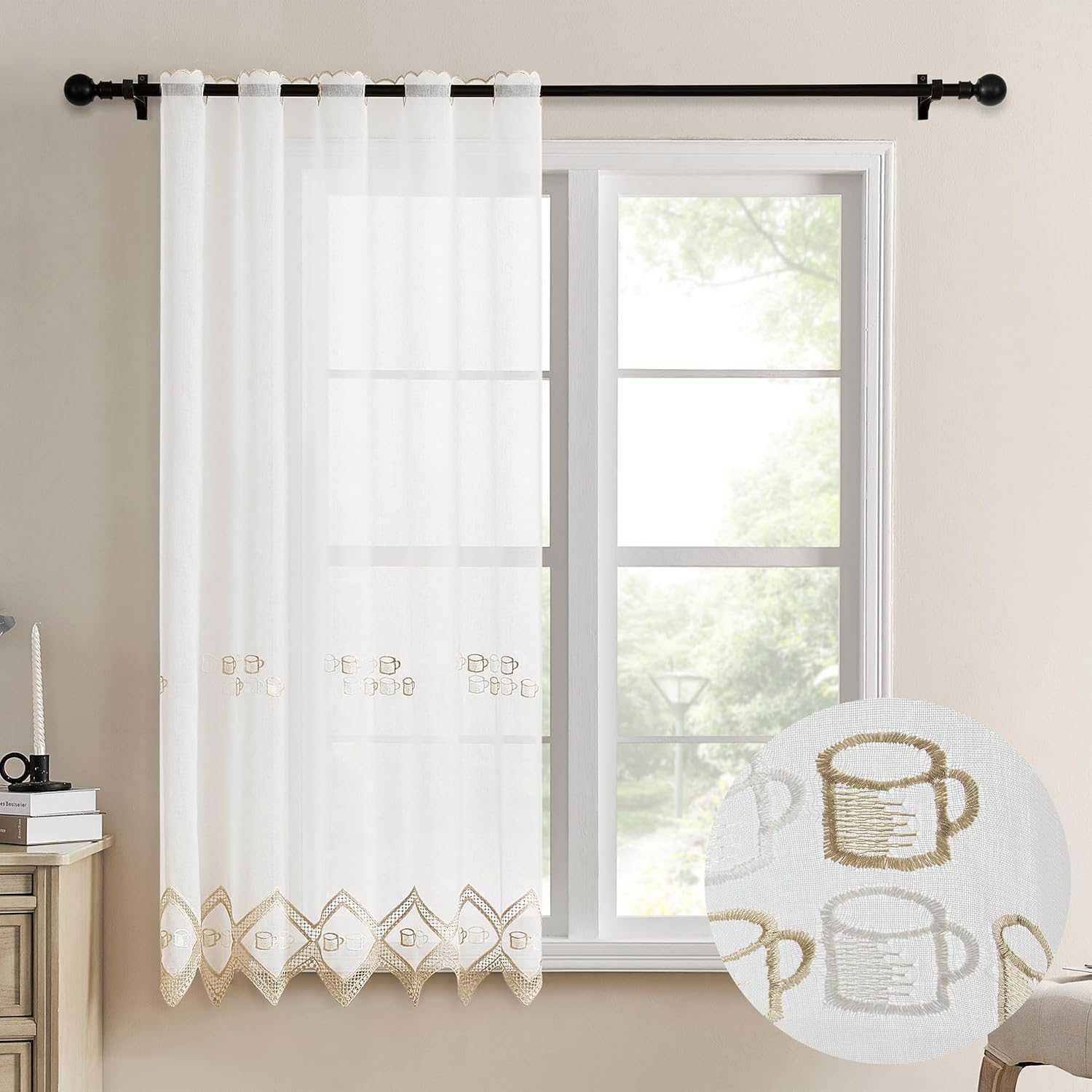 Cortina de Cocina Transparente con Bordado Floral, Visillo de Encaje Decorativo, Cortina Corta para Ventana, Estilo Campestre, 105x140 cm / 150x140 cm