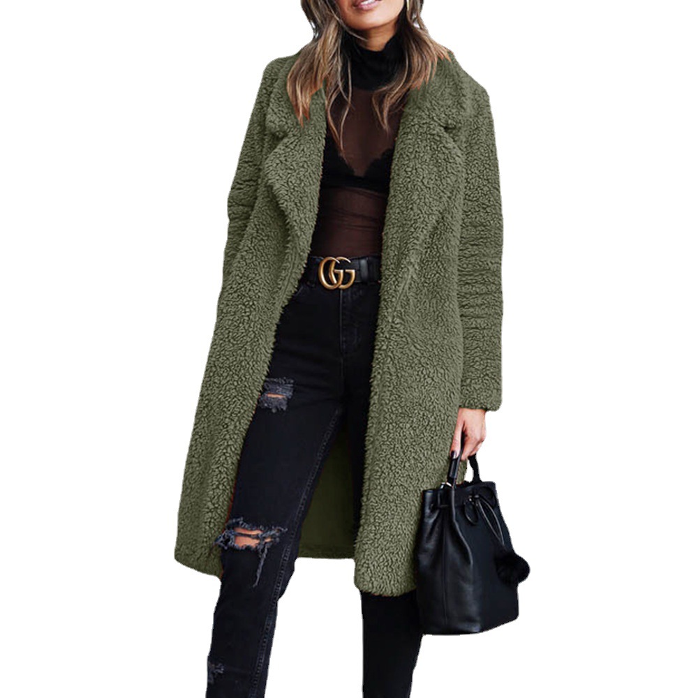 Abrigo largo y acolchado para mujer con solapa y diseño abierto; cálido abrigo de invierno de piel sintética