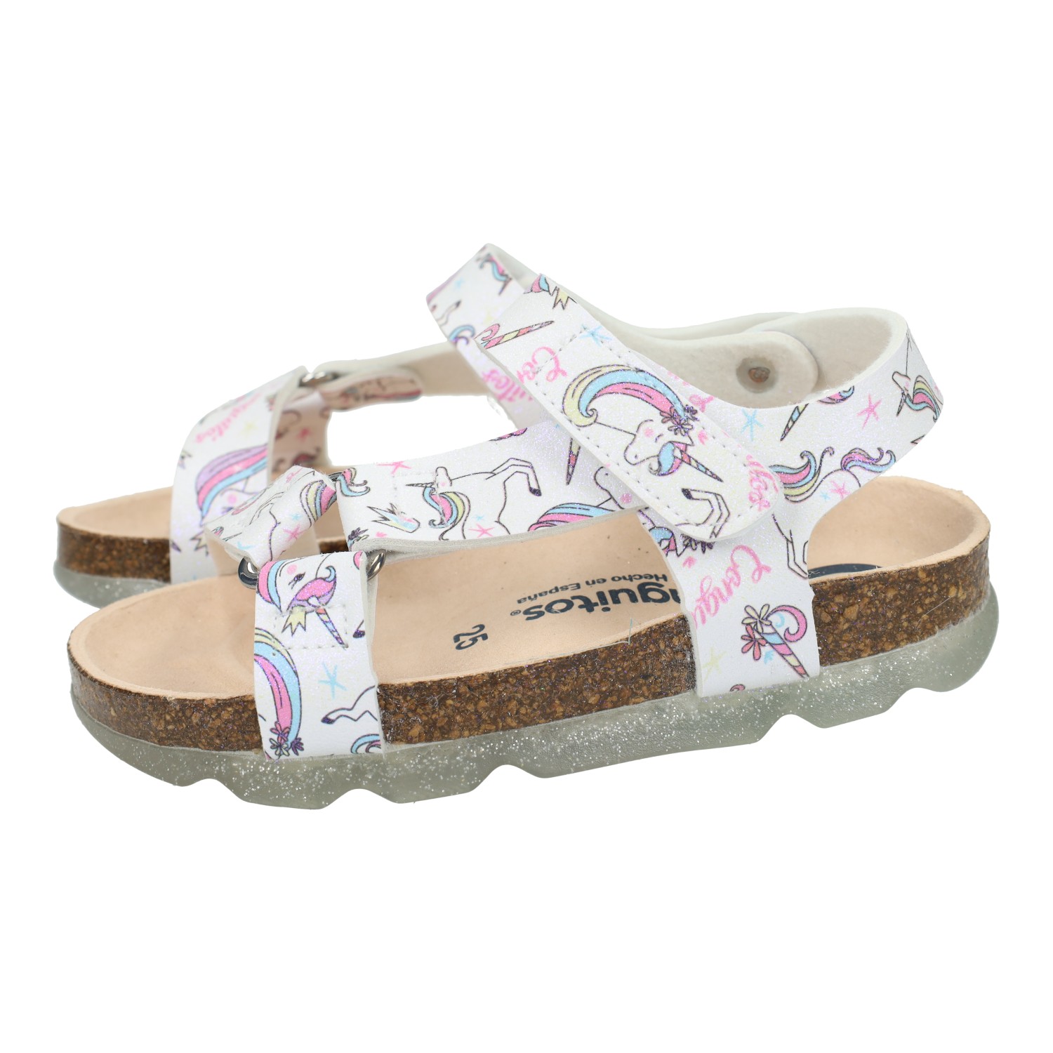 Sandalias marca CONGUITOS para niña en color blanco. Sandalias blancas de unicornio, para niñas, cierre adhesivo, fantasia, CONGUITOS
