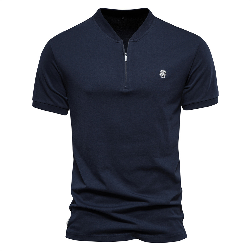 TK Nueva camiseta de manga corta de algodón puro con cuello en V y cremallera para hombre, camiseta deportiva bordada de color sólido para hombre