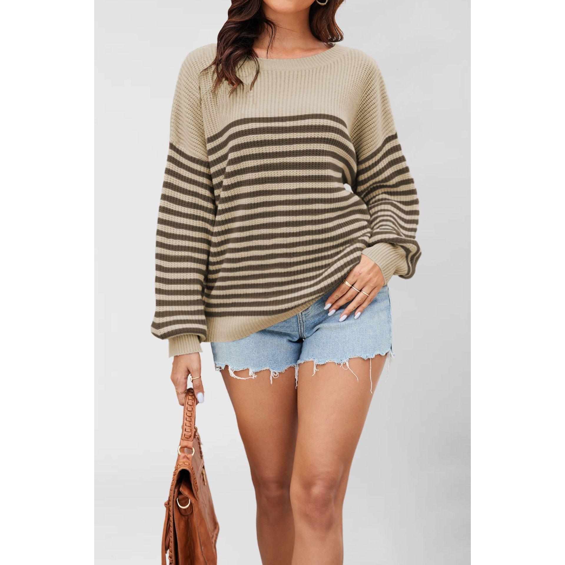 TK Suéter de punto a rayas con bloques de color, manga larga y cuello redondo, talla grande, para mujer, otoño/invierno
