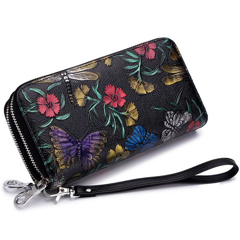 Cartera de cuero genuino con doble cremallera para mujer, bloqueo RFID, doble cremallera, pintada a mano con estampado floral en relieve, gran capacidad