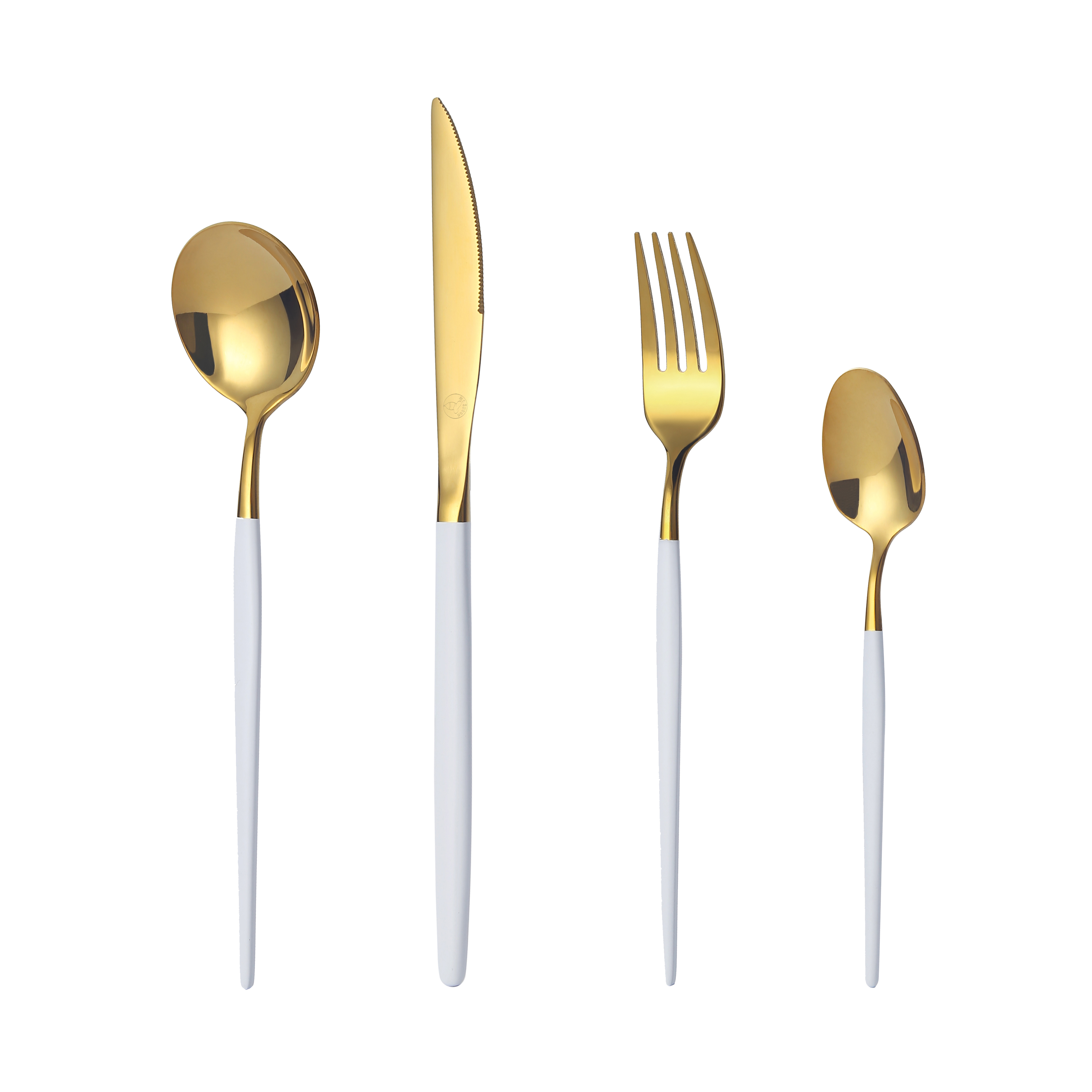 Cubertería Profesional de 24 Piezas para 6 Personas, de Acero Inoxidable 18/0, con Mango Blanco y Cabezal Dorado, Juego de Cubiertos Elegante y Resistente, Apta para Lavavajillas, Ideal para Hostelería, Restaurante, Bar y Hotel – Mr.Spoon