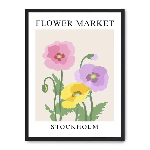 Lámina con marco negro FLOWER MARKET X 21x30 cm, Póster impreso en papel de primera calidad de 180gr, montado sobre marco de madera MDF acabado en negro., Arte - Pinturas