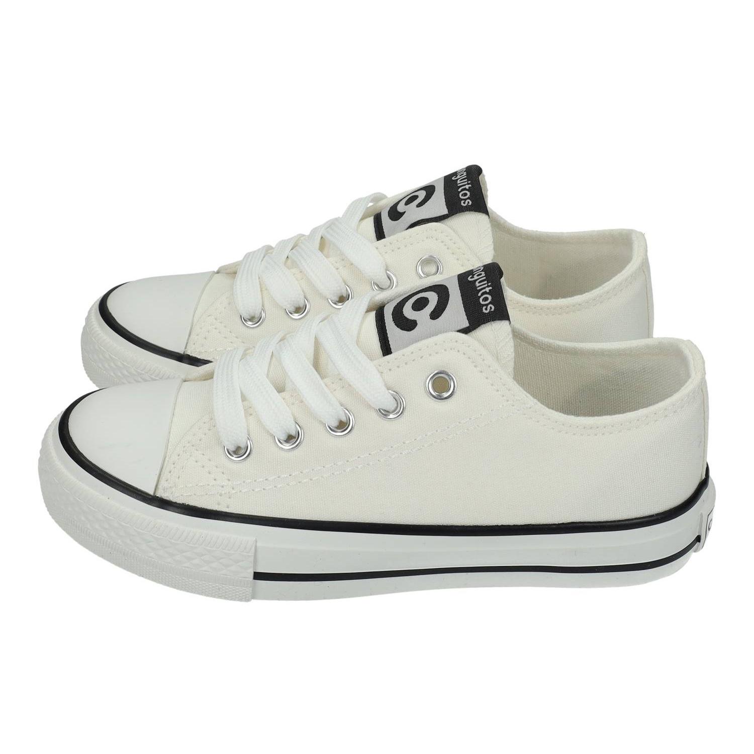 Zapatillas marca CONGUITOS para niña en color blanco. Zapatillas de lona Conguitos para niño, blancas con puntera reforzada, suela antideslizante y cordones elásticos