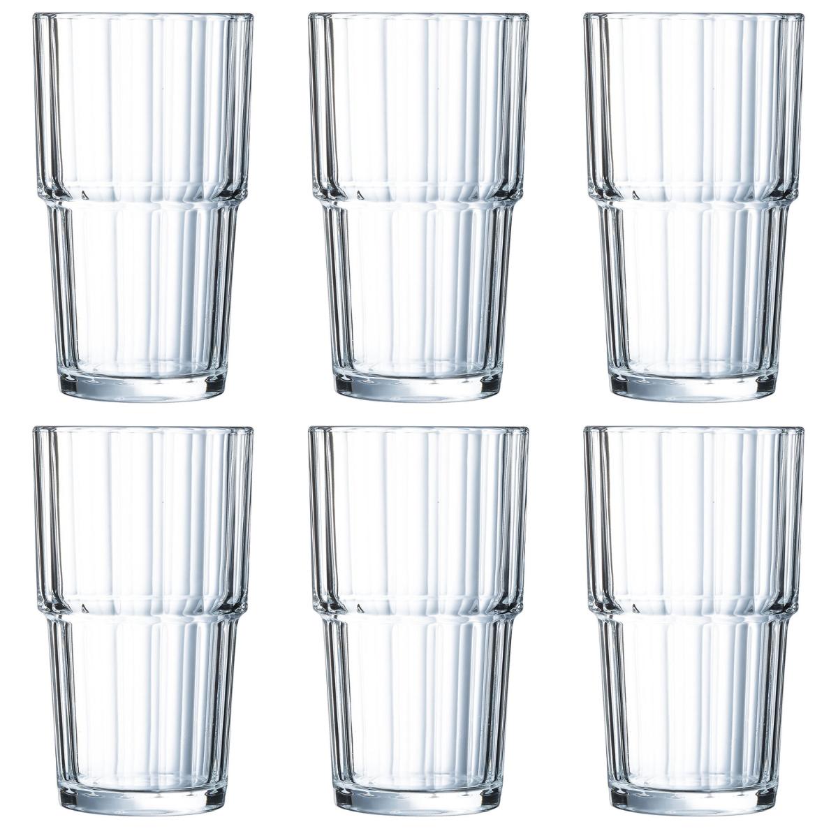 ARCOROC NORUEGA Caja 6 Vasos Altos Vidrio 32CL Transparente Brillo Fabricado en Francia Apilable
