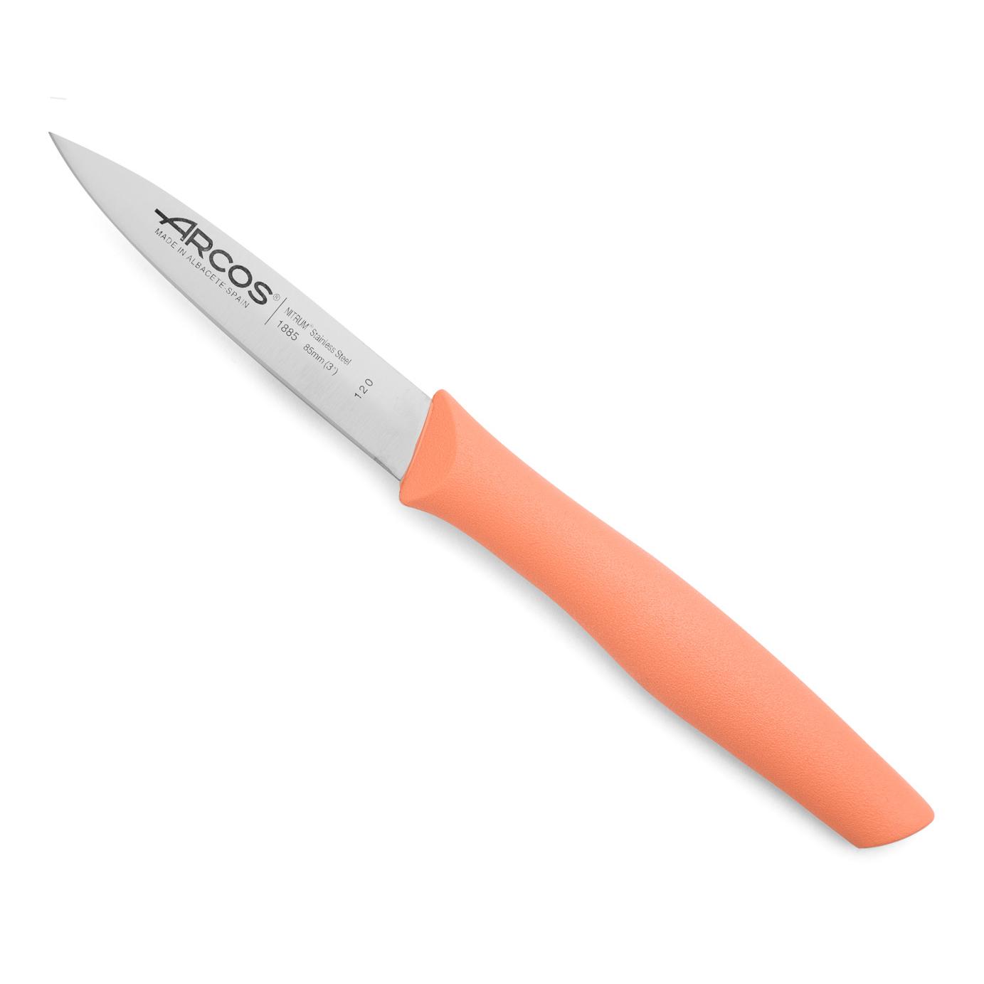 Arcos Cuchillo Mondador de Acero Inoxidable NITRUM - Hoja 85 mm para Pelar Frutas y Verduras - Mango de Polipropileno Coral - Serie Nova