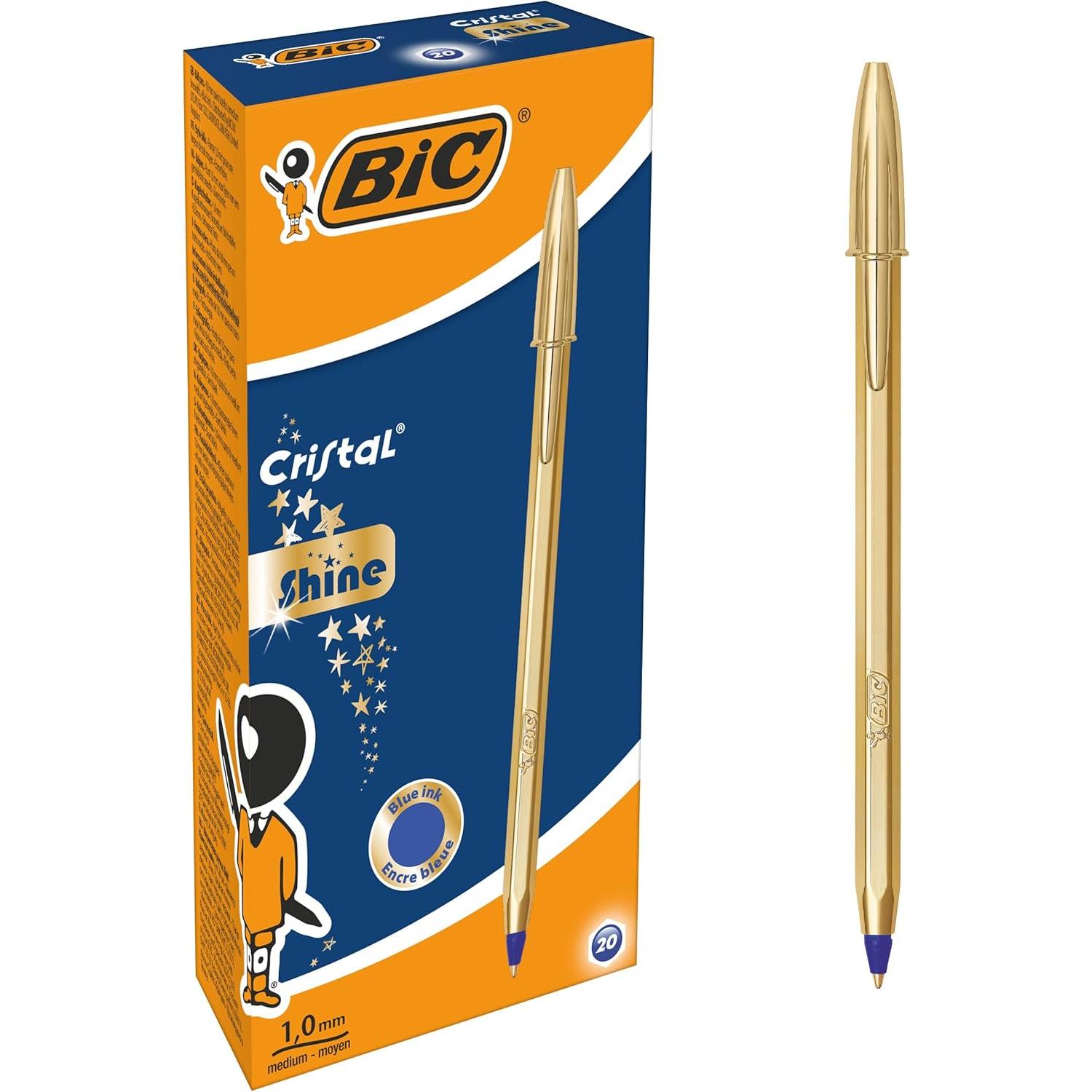 BIC Cristal Shine Oro Bolígrafos Punta Media (1,0 mm) - Tinta Azul y Cuerpo Dorado, tinta base de aceite Caja de 5/10/20 Unidades para elegir ideal para uso diario Calidad Garantizada