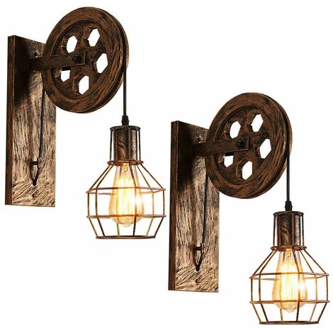 2 Apliques de pared industriales con polea – Lámparas de pared vintage, luminarias de interior para dormitorio, sala de estar y restaurante – Latón