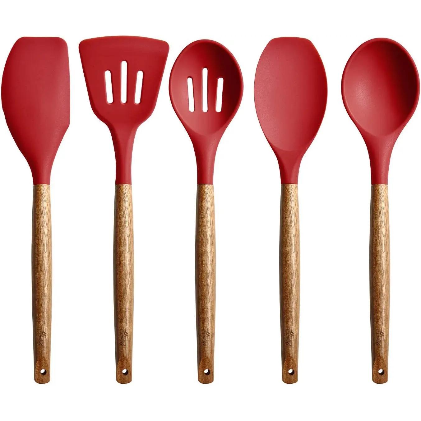 CA Juego de utensilios de cocina de silicona antiadherente, con mango de Madera de Acacia natural, 5 Unidades