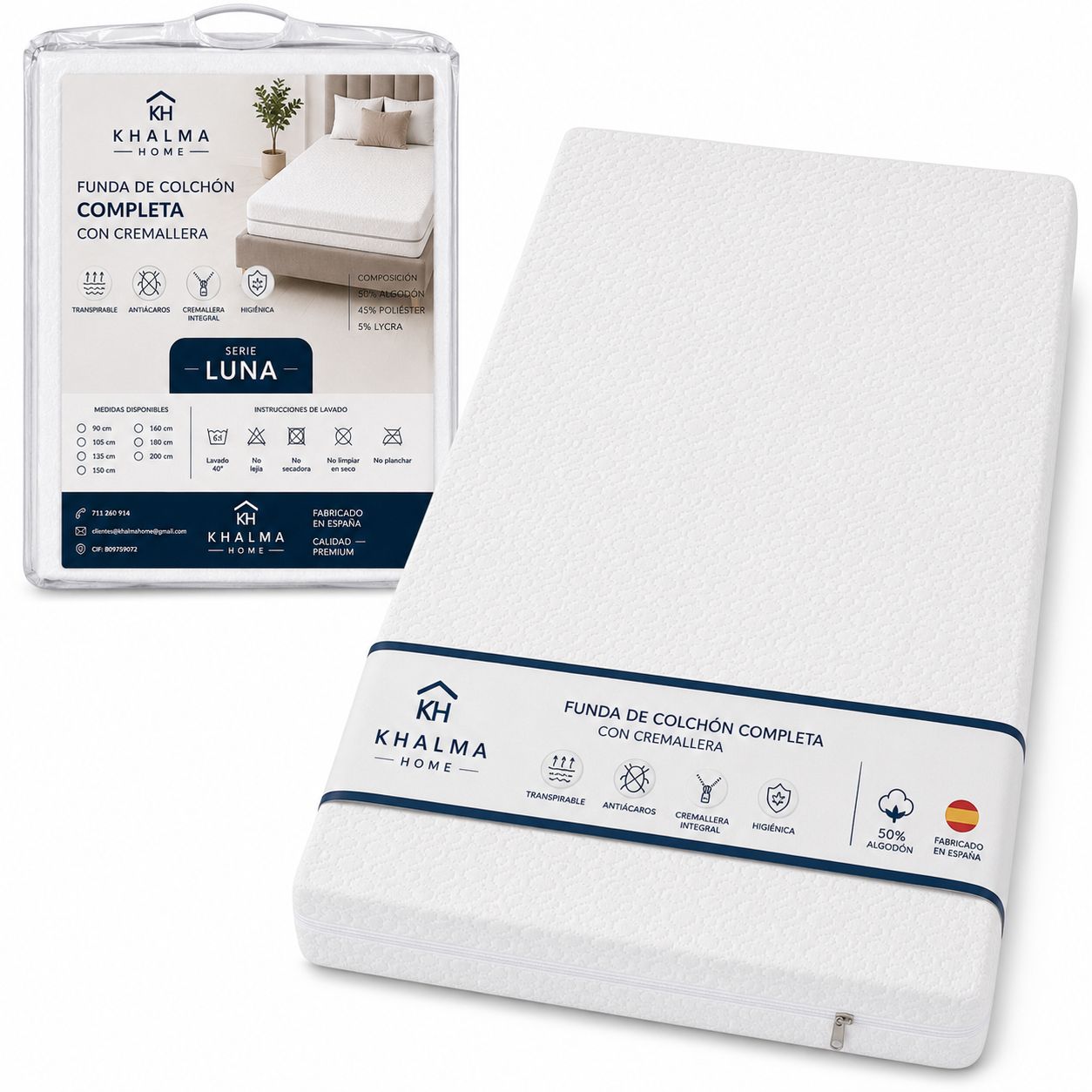 KHALMA HOME Funda Protectora Para Colchón Acolchada Con Cremallera | Funda Colchón de Algodón Transpirable | Funda para Colchón Antiácaros, Antichinches, Ajustable y Silenciosa,Fabricada En España.