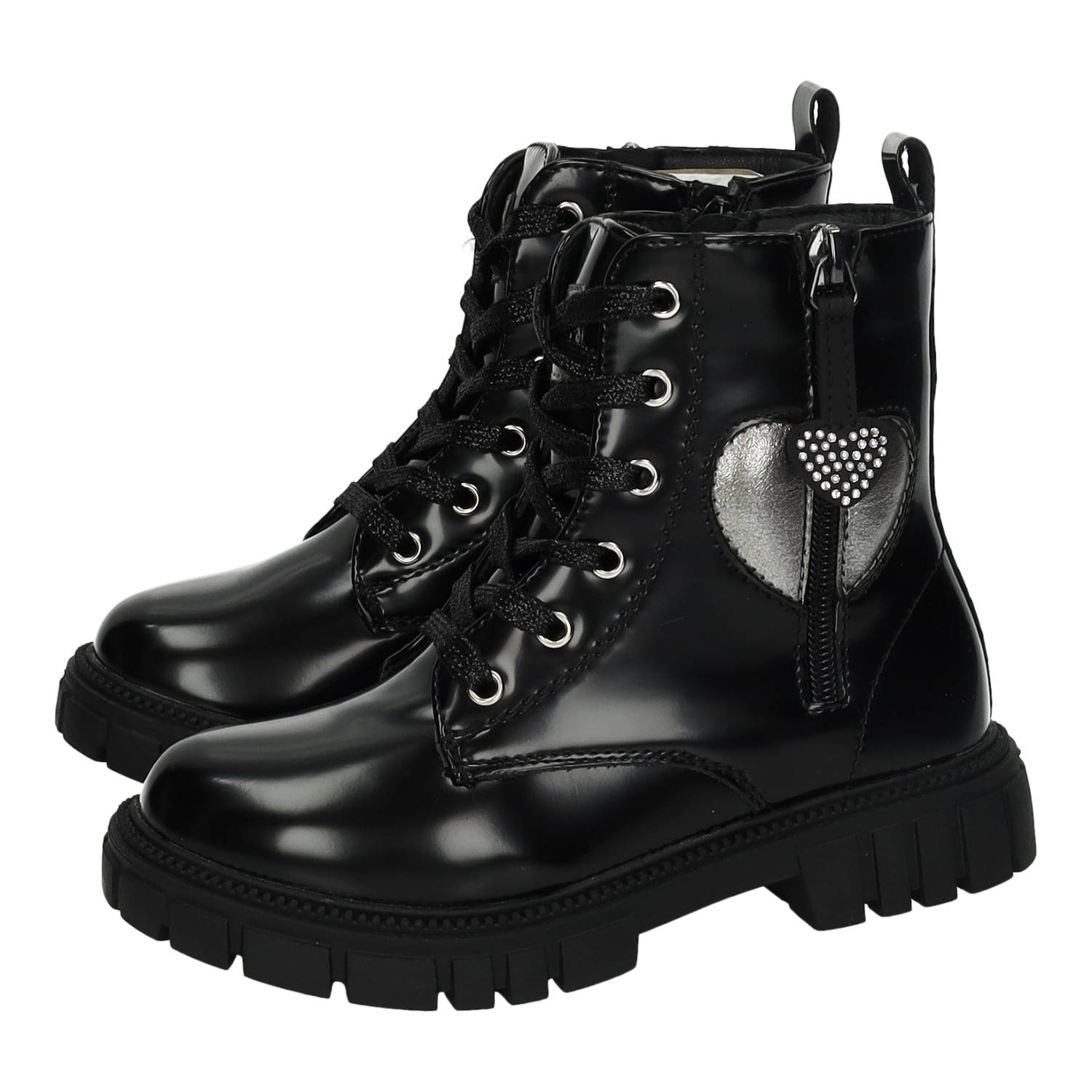 Botas-botines marca CONGUITOS para niña en color negro. Botas negras para niña con detalle de corazón, cierre lateral y suela antideslizante Conguitos