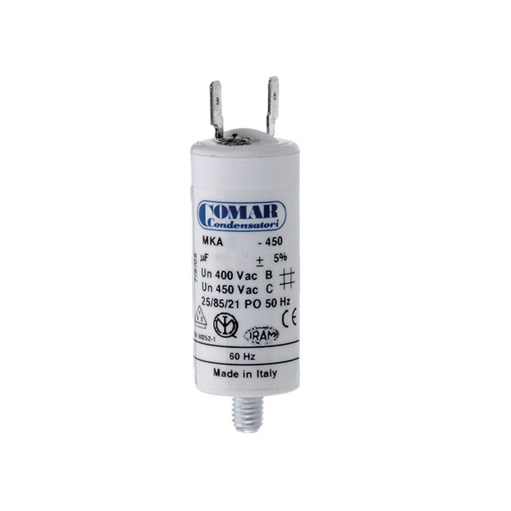 condensador de arranque mka 4mf 5% 450v ø3,4x6,3cm con espiga m8 y faston simple 6,35 konek