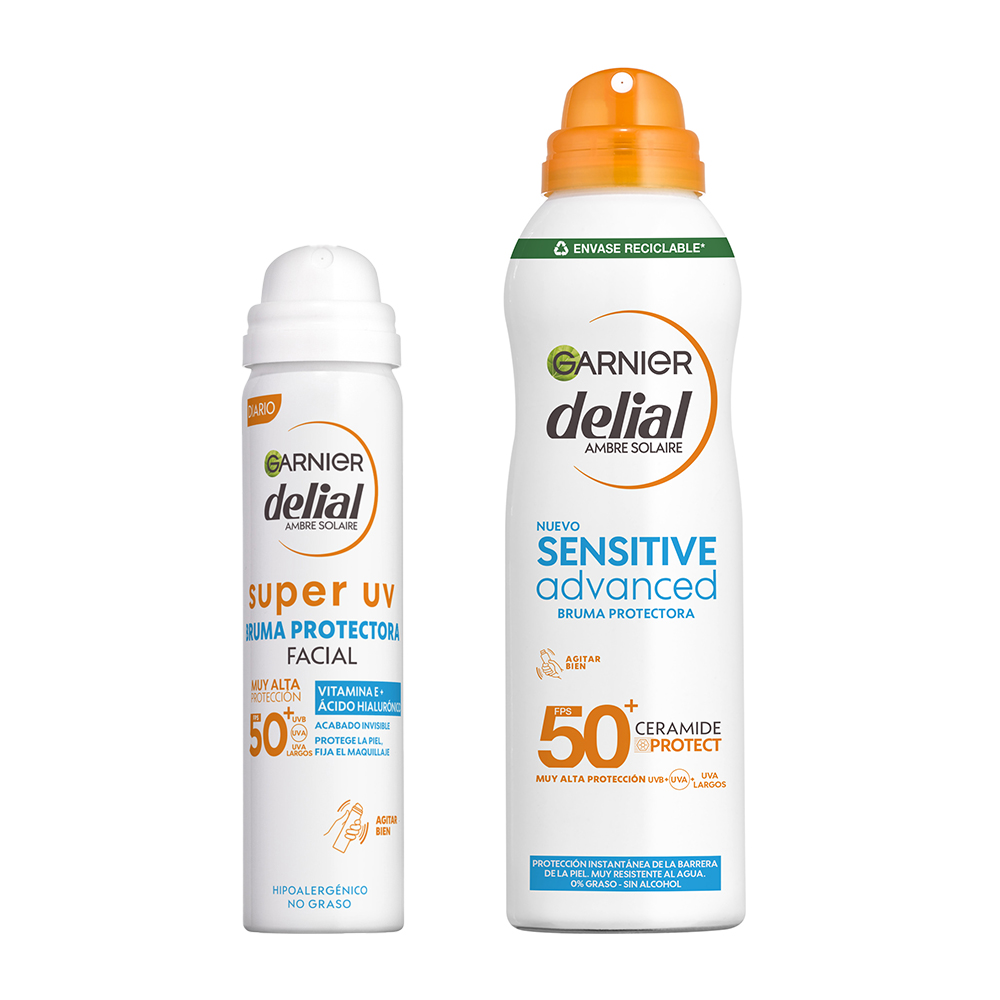 GARNIER | Delial Pack Sensitive Advanced Bruma Protectora Solar para pieles claras, sensibles e intolerantes al sol IP50+. Muy resistente al agua, 0% pegajoso, 0% graso +  SUPER UV FPS50+ Bruma Protectora Facial con Textura Invisible - 75+150 ml
