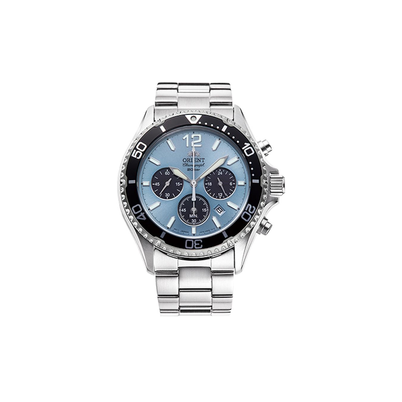 ​reloj cronógrafo hombre solar Orient Sports Chronograph Ice Blue Panda RA-TX0206L 42.8mm 200m WR cristal de zafiro correa de acero (funciona con energía solar o luz)