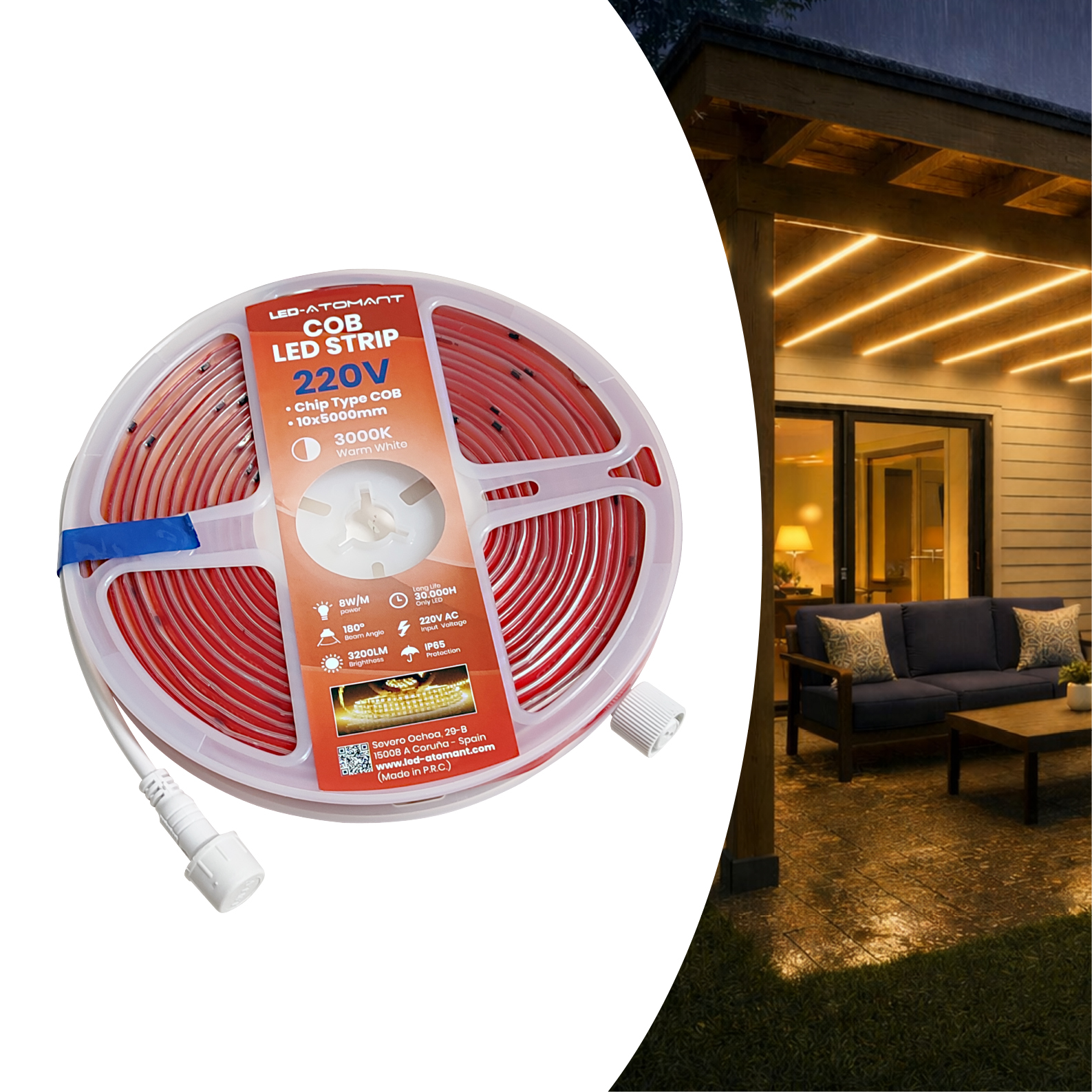LED ATOMANT Rollo de 5 metros de Tira LED COB 220V directa a red, impermeable IP65, 8W por metro, Corte cada 16,5cm, luz continua sin transformador, ideal para exteriores, terrazas, rótulos o decoración, fácil instalación y alta luminosidad