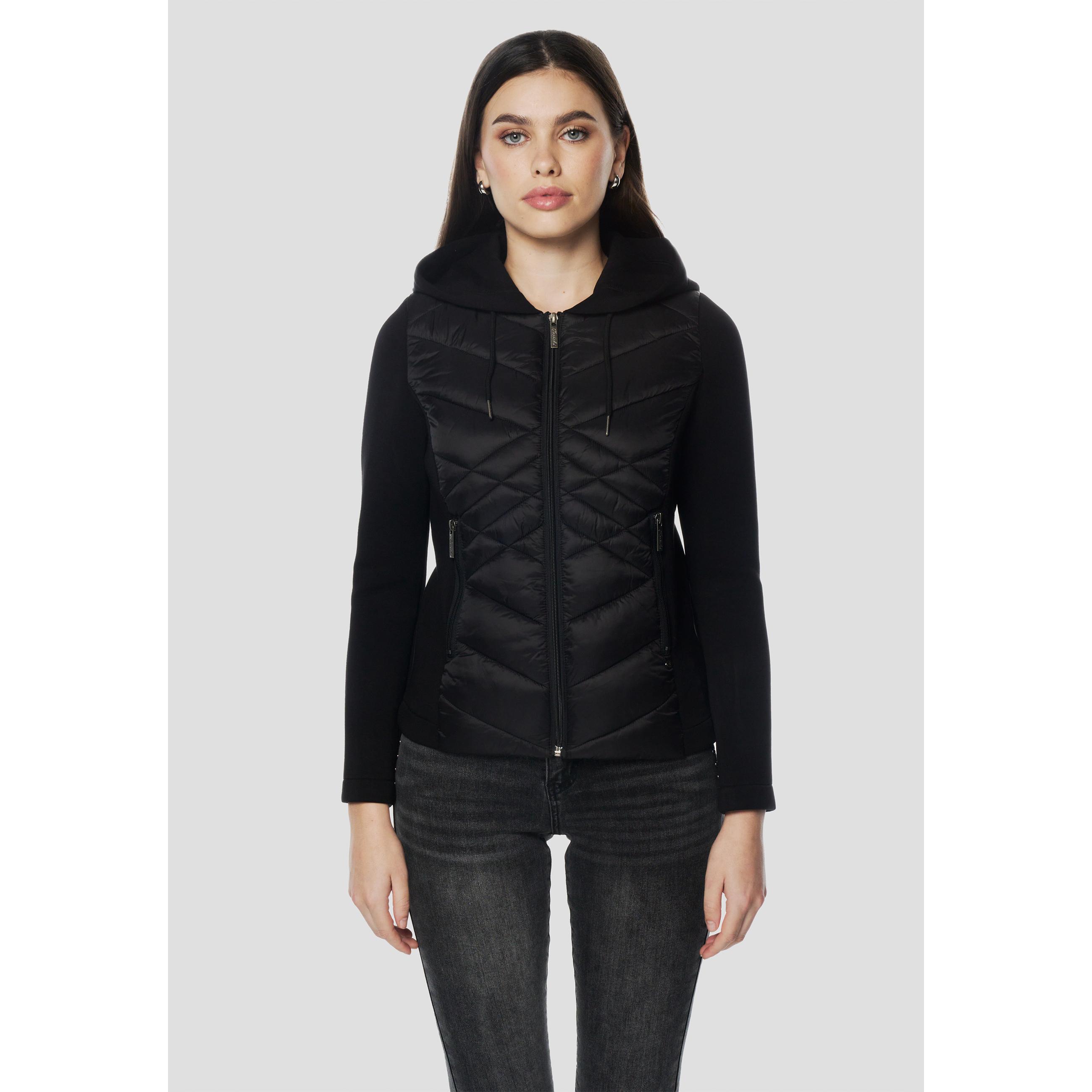 Koroshi - Chaqueta de neopreno acolchada para mujer con capucha integrada y placa metálica Koroshi, ideal para street style técnico y ocio activo