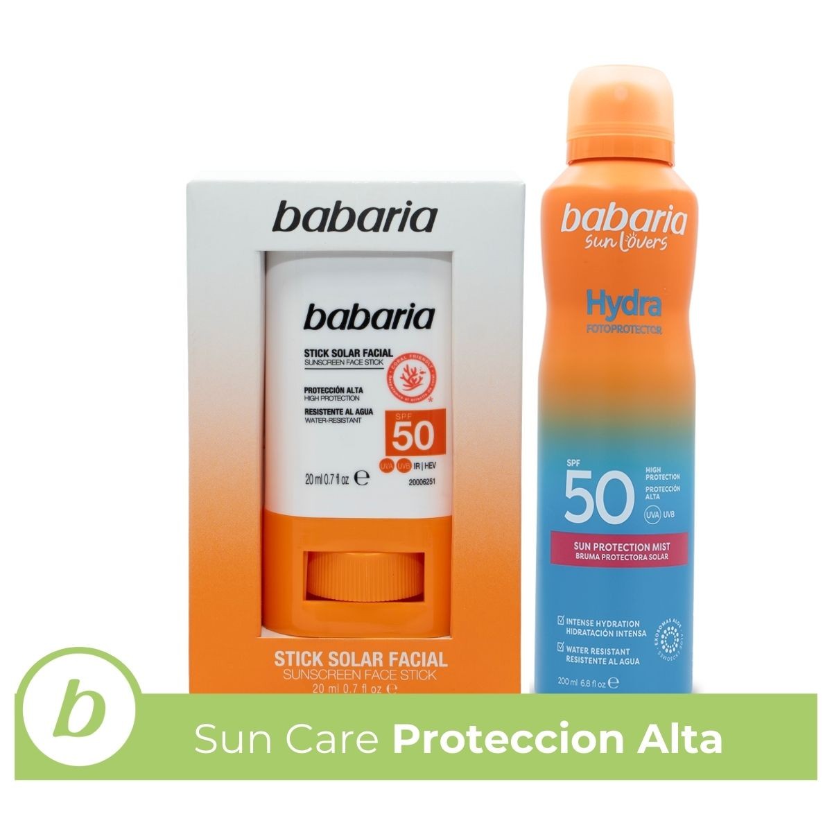 Babaria - Stick Solar Facial 50 + Bruma Corporal Protector Solar SFP 50 | Crema Facial Con Exosomas | Coral Friendly y Biodegradable| Resistente al Agua | Vegano | 200 ml