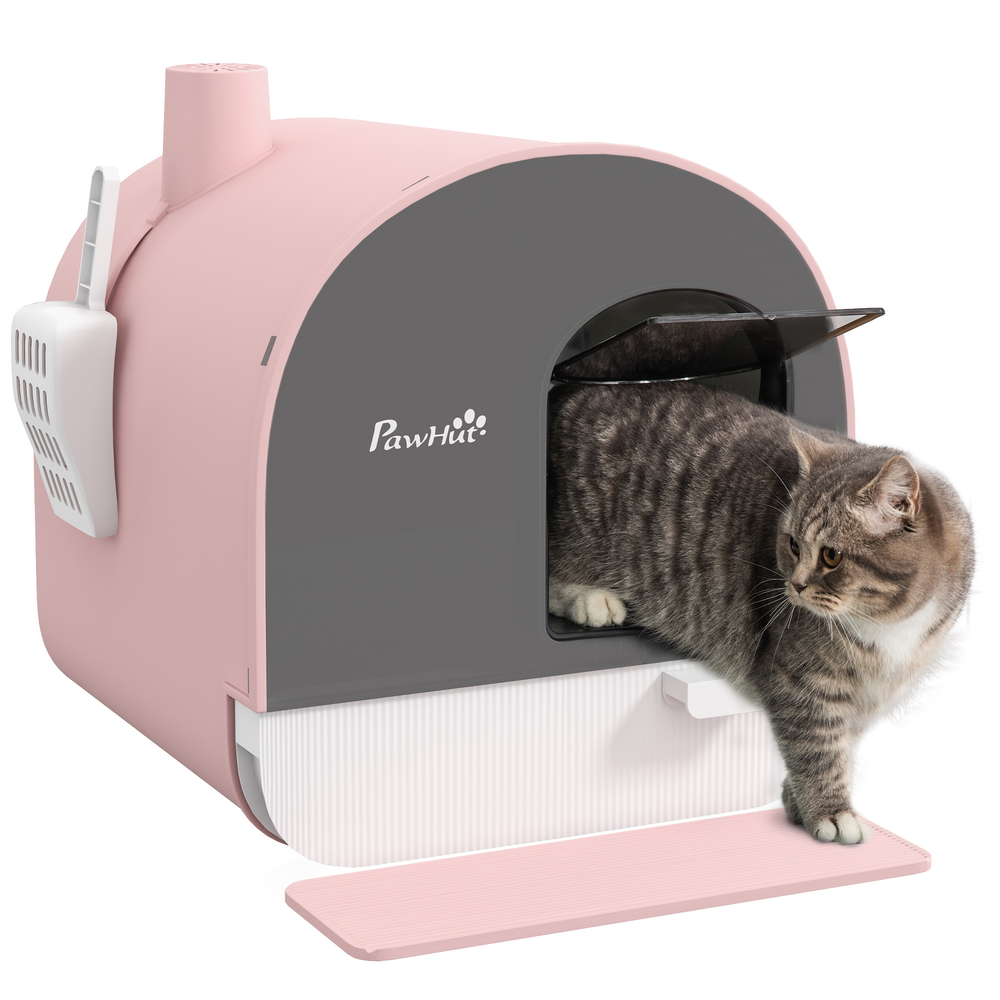 PawHut Arenero Cerrado para Gatos, Caja de Arena para Gatos con Bandeja Extraíble, Pala, Alfombrilla Antirrastreo y Filtro para Control de Olores, Puerta Abatible, Fácil de Limpiar, 43x44x47 cm, Rosa