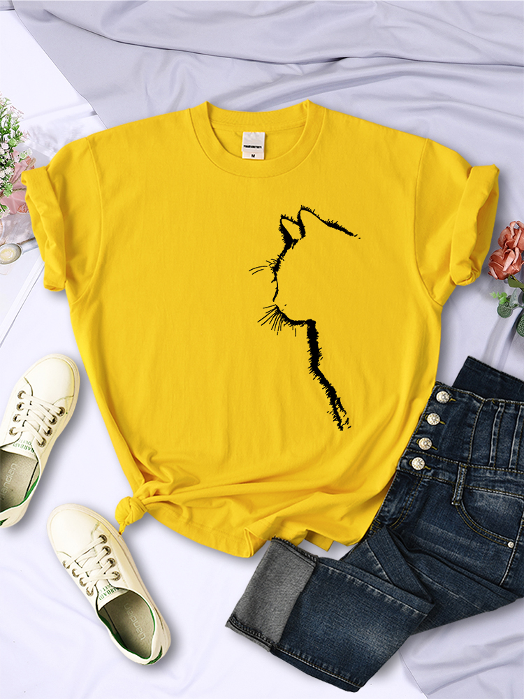TK Camiseta De Mujer Simple Y Divertida Con Estampado De Gato Moda Casual Manga Corta Cuello Redondo Personas Callejeras Verano Top