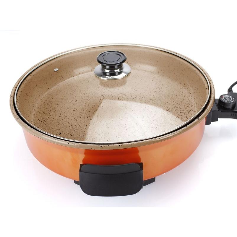 Grill Electrico -- Pizza Pan 40 cm - Paellera con Tapa Vidrio y Mangos Tacto frio Tekno Cheff Natural Stone Evolution