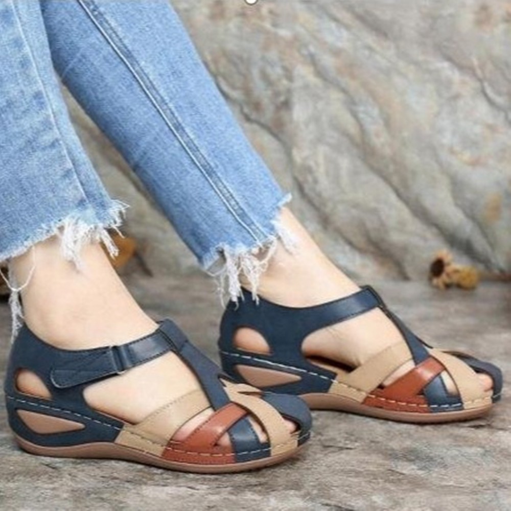 TK Sandalias de Mujer with Cabeza Cruzada y Tacón de cuña y Punta Redonda estilo retro de Verano de gran tamaño.