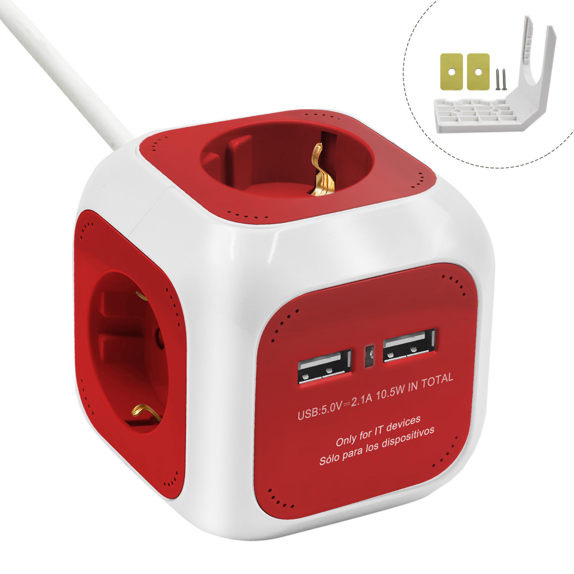 EXTRASTAR 6 en 1 Cubo Regleta Enchufe con USB de 4 Enchufes + 2 Puertos USB, 1,5M Cable, MAX 3680W, 16A