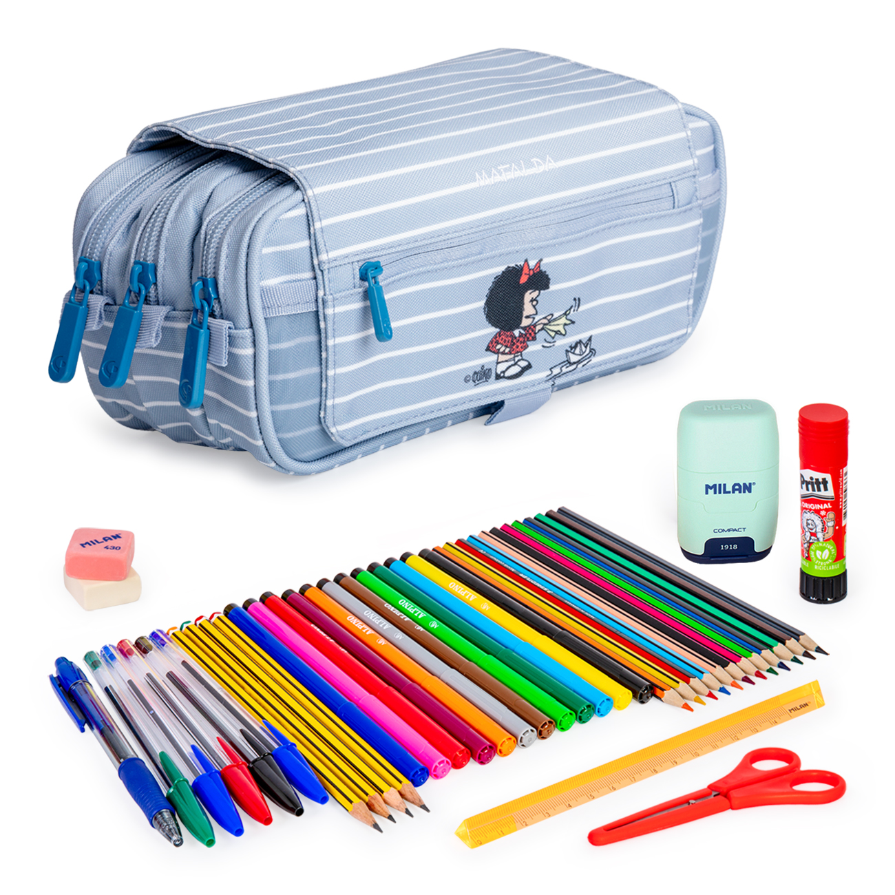 ColePack Design - Estuche Triple de 3 Cremalleras con Material Escolar Incluido. Mafalda Boat