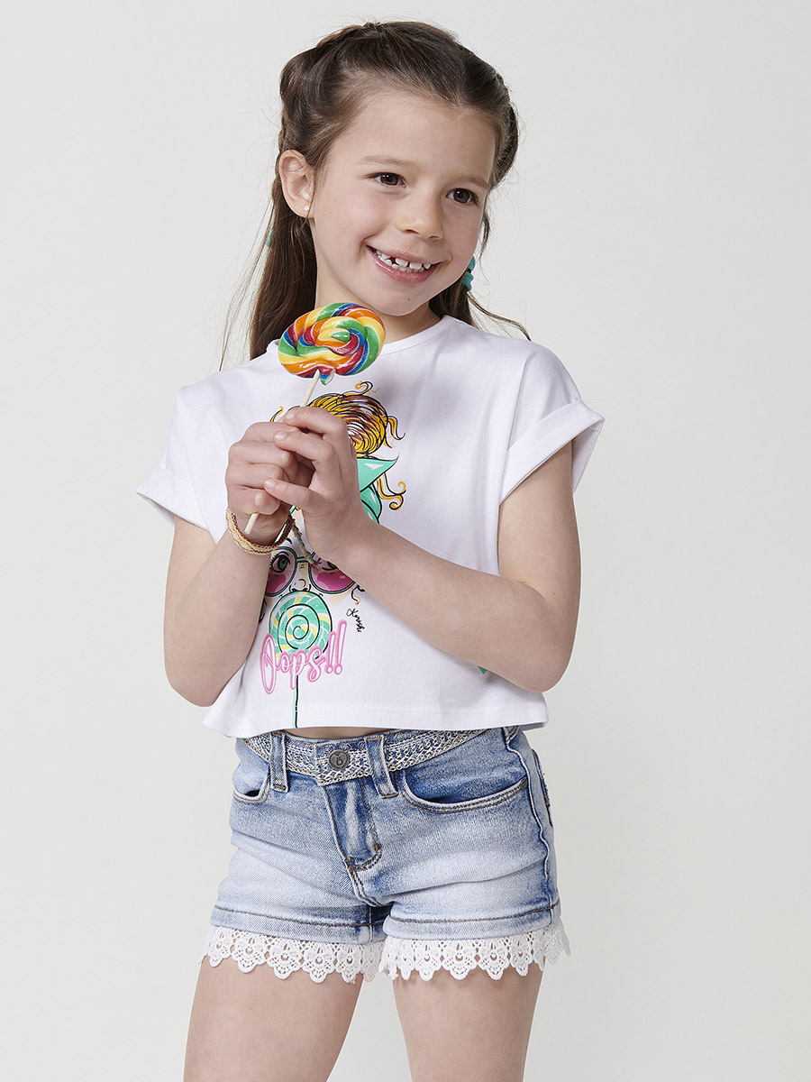 Koroshi - Top niña manga caída estampado gafas brillantes de punto de algodón elástico blanco para verano, tallas 4 a 10 años
