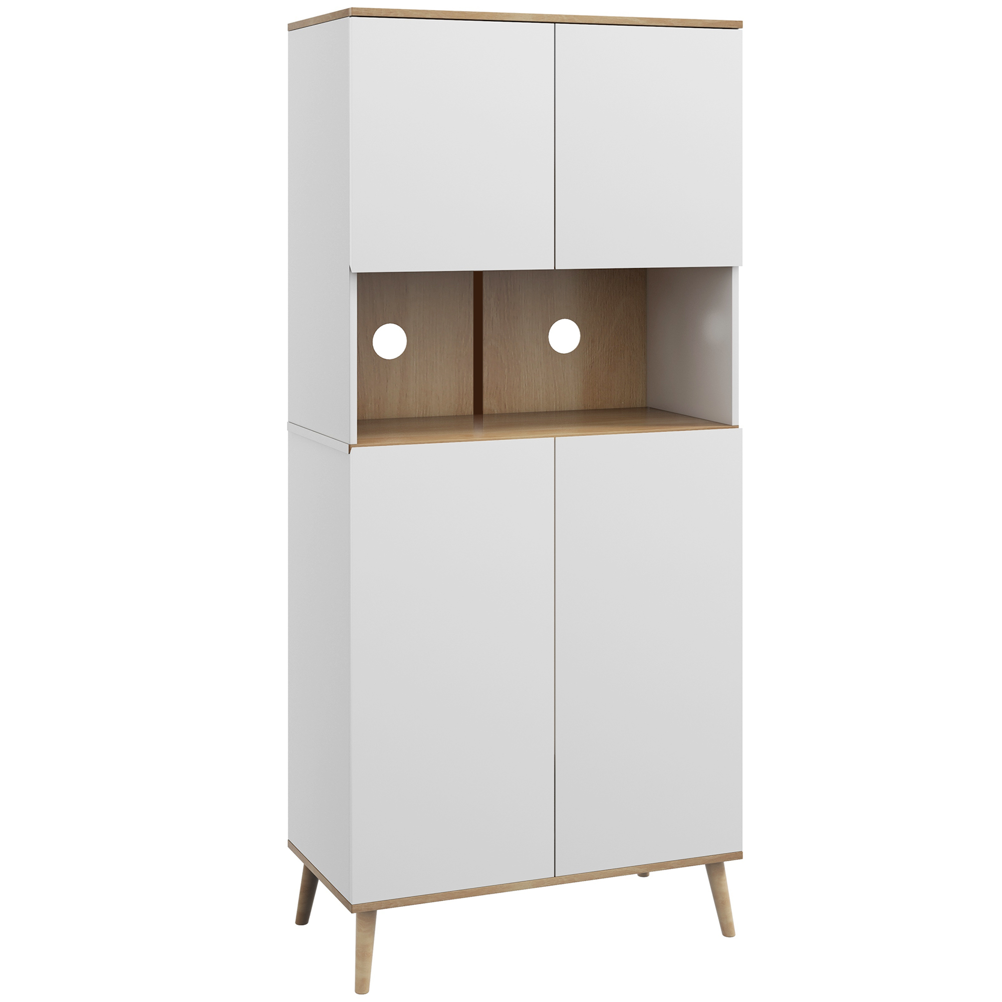 HOMCOM Alacena de Cocina Mueble Auxiliar de Cocina con 4 Puertas Encimera para Microondas Estantes Ajustables Orificio de Cable y Patas de Madera Estilo Moderno Blanco 80x40x178 cm