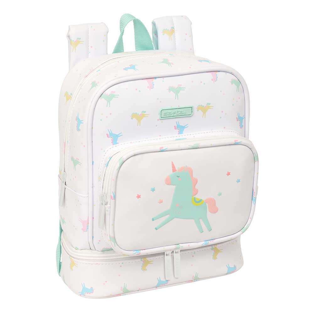 SAFTA | Mochila Escolar Guardería Preescolar Unicornio Con Compartimento Térmico Tipo Nevera en Base 22 x 27 x 10 Cm (5,9 Litros), Compartimento Principal con Cremallera, Base Termo para Comida y Merienda, Color Menta, Rosa