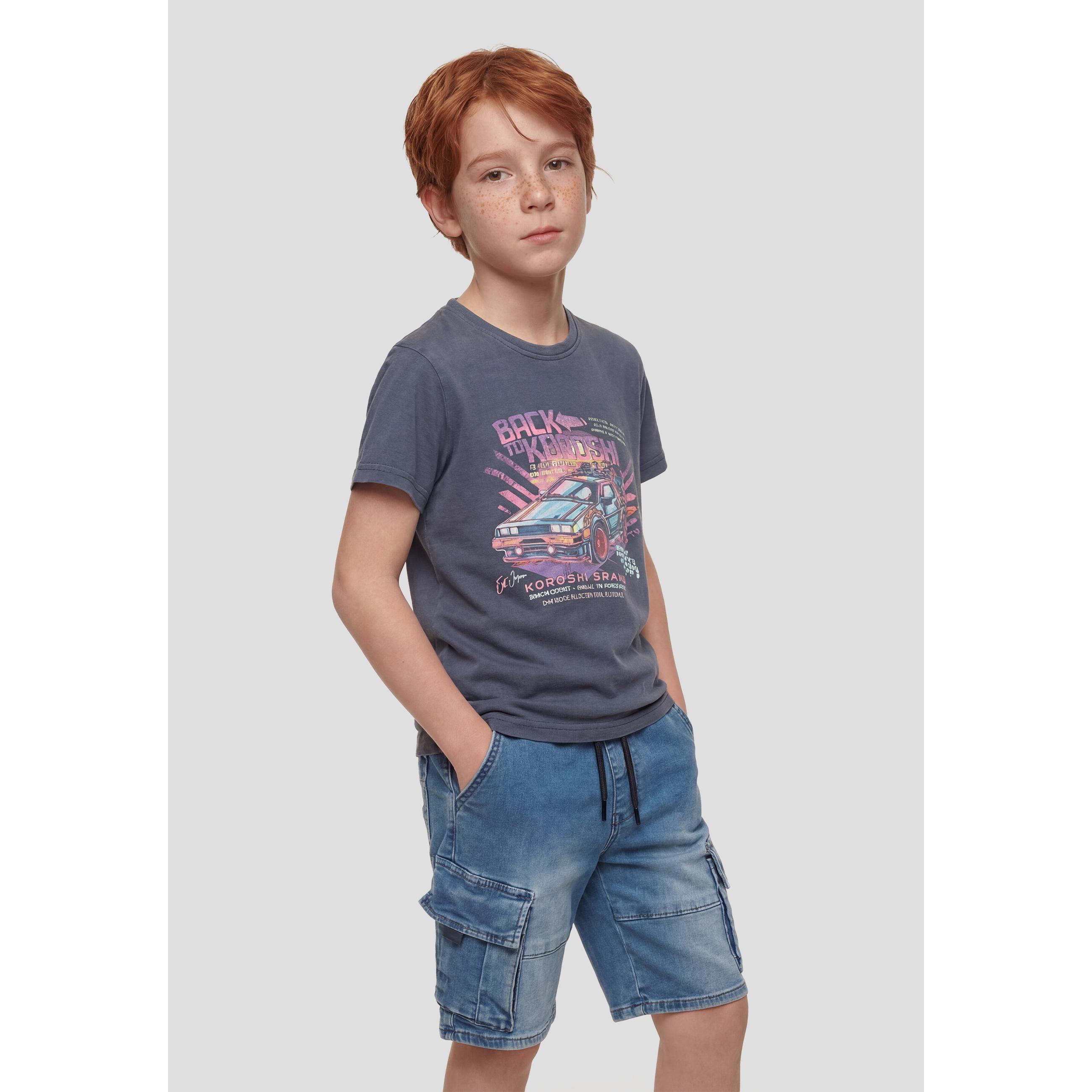 Koroshi - Camiseta niño manga corta estampada frontal de 100% algodón en azul índigo para uso diario y colegio