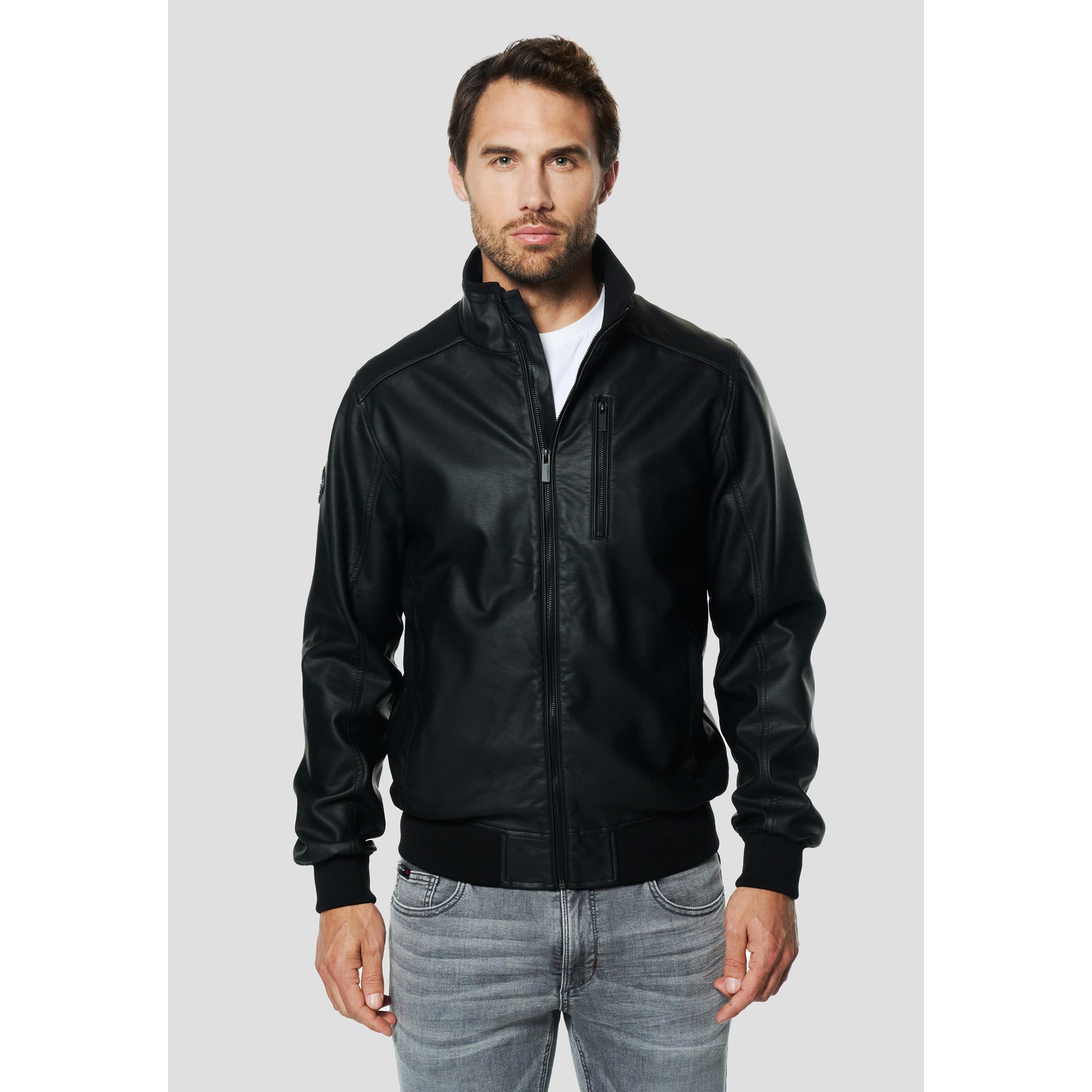 Koroshi - Chaqueta biker efecto piel negro para hombre, cuello alto y corte ajustado, con cremallera frontal y bolsillo de pecho