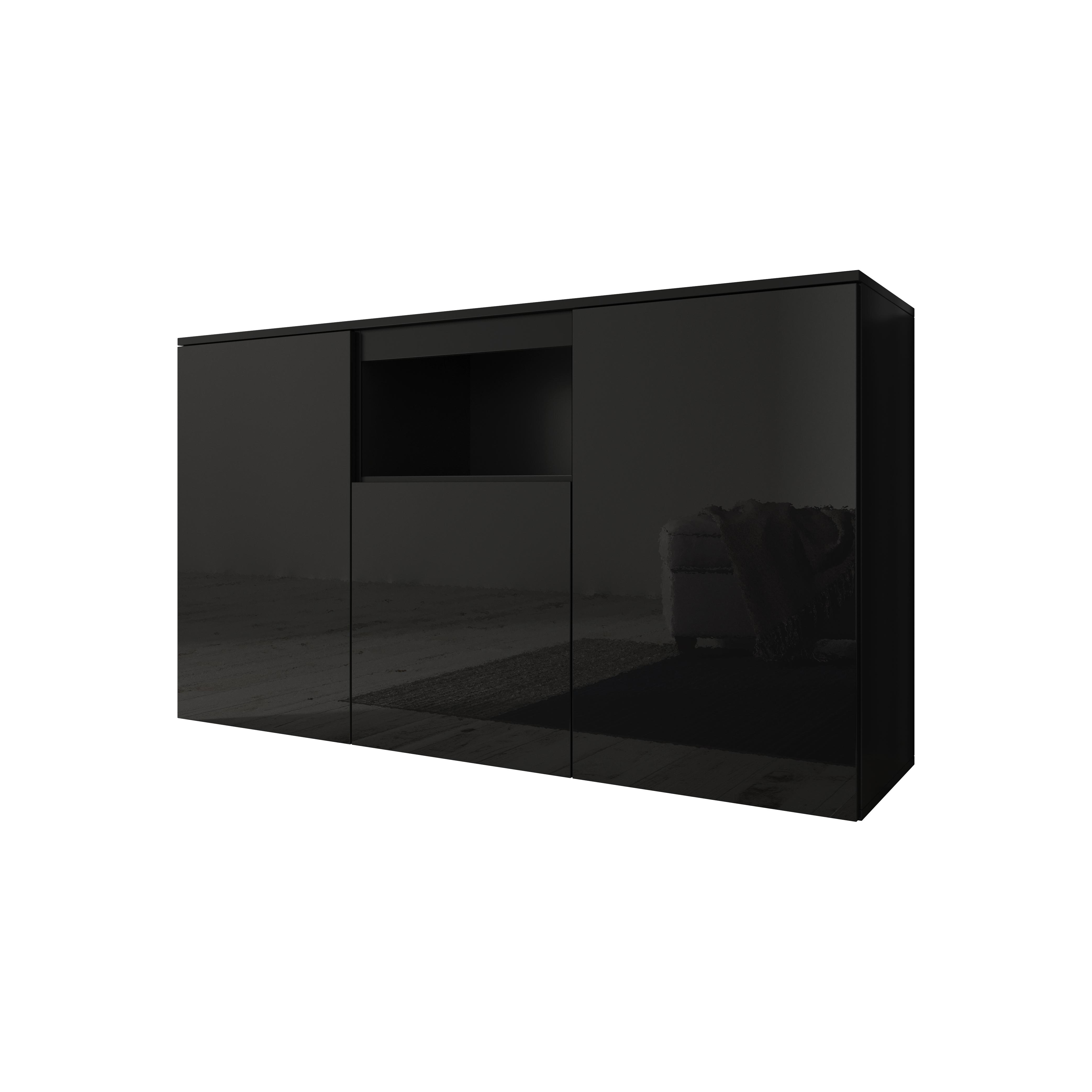 MB Muebles Bonitos - Aparador de salón, 140x80x40cm, Negro y Blanco Brillo, 3 puertas, Modelo Nevada