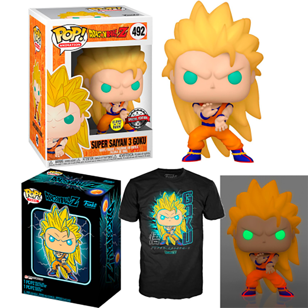 Funko Pop and Tee  GOKU SS3 SUPER SAIYAN 3 pelo rubio  EXCLUSIVA GITD Dragon Ball  Gohan  Super Saiyan 492 Funko y camiseta brilla en la oscuridad