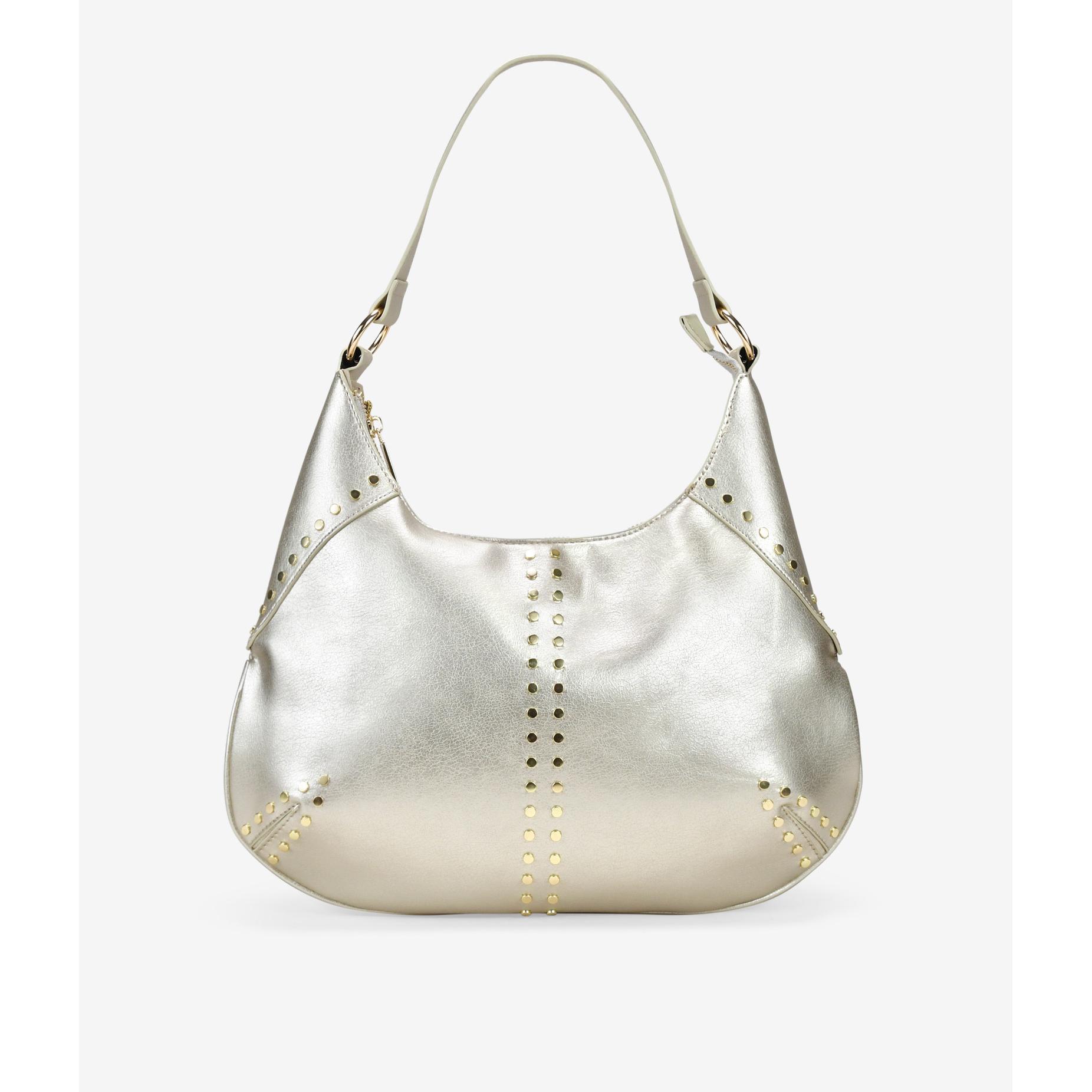 Bosanova Bolso de hombro para mujer con forma de media luna con detalle de tachuelas metálicas y asa corta de hombro. Cierre con cremallera.