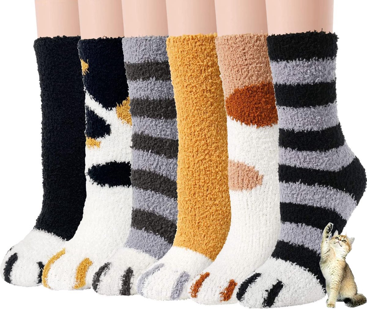 Calcetines de invierno cálidos para mujer - Juego de 6 pares - Calcetines de felpa para mujer - Calcetines para mujer - Calcetines para estar en casa - Calcetines para dormir - Calcetines mullidos - Garra de gato - Calcetines con animales adorables - Cump