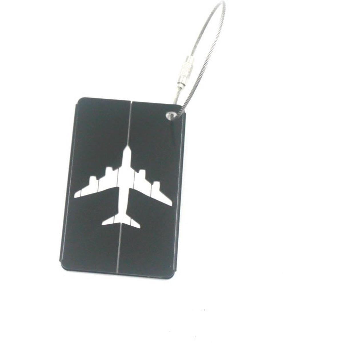 Aluminium bagagelabel met roestvrijstalen koord, waterdicht, met PVC-kaartje, geschikt voor koffers en rugzakken, zwart (7,5 x 4,5 cm).