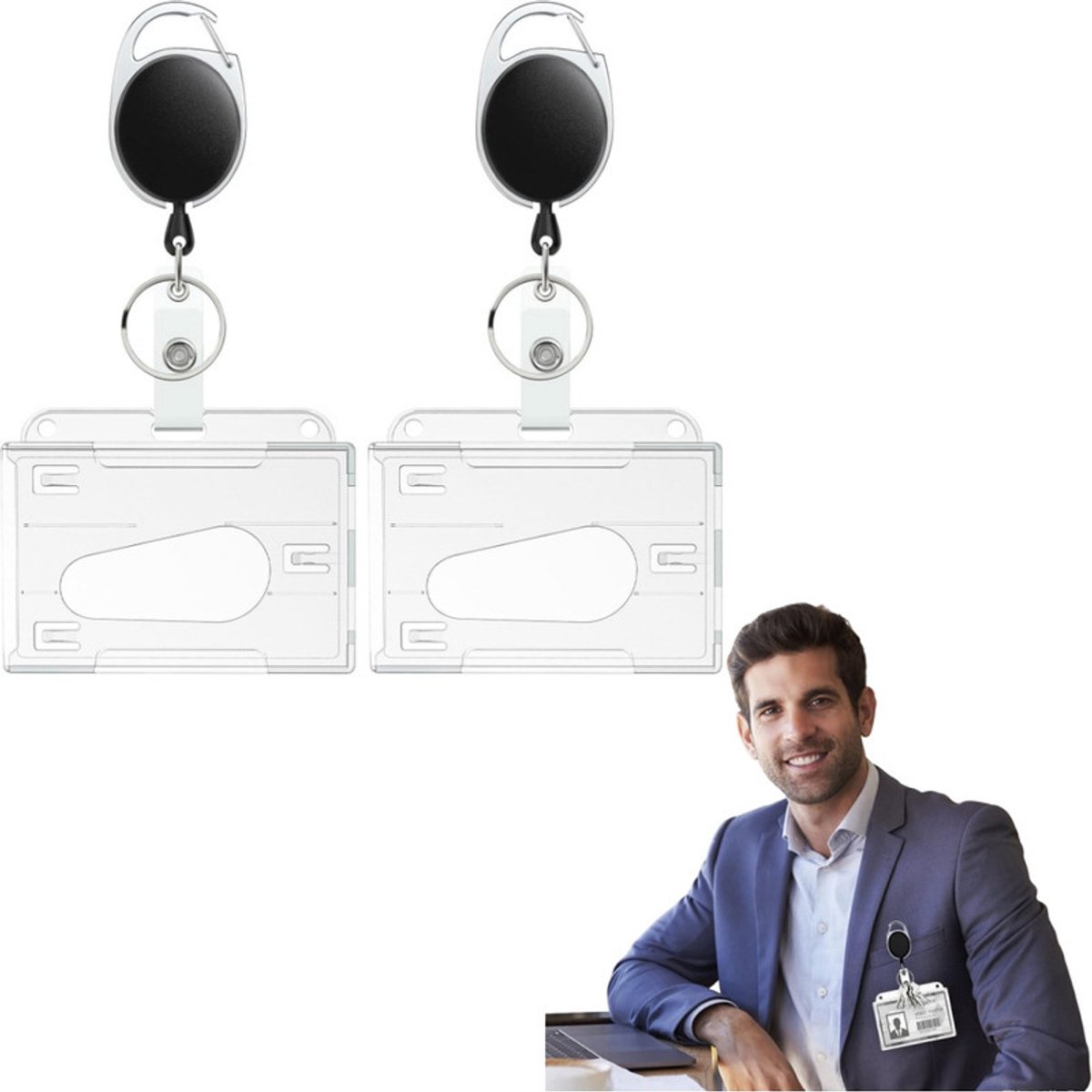 2 piezas - Portatarjetas de identificación con ranura para el pulgar - Funda para tarjeta de identificación - Protector de tarjeta - Portatarjetas de identificación transparente - Resistente y duradero - Con mosquetón retráctil - Transparente - 9,8 * 5,9