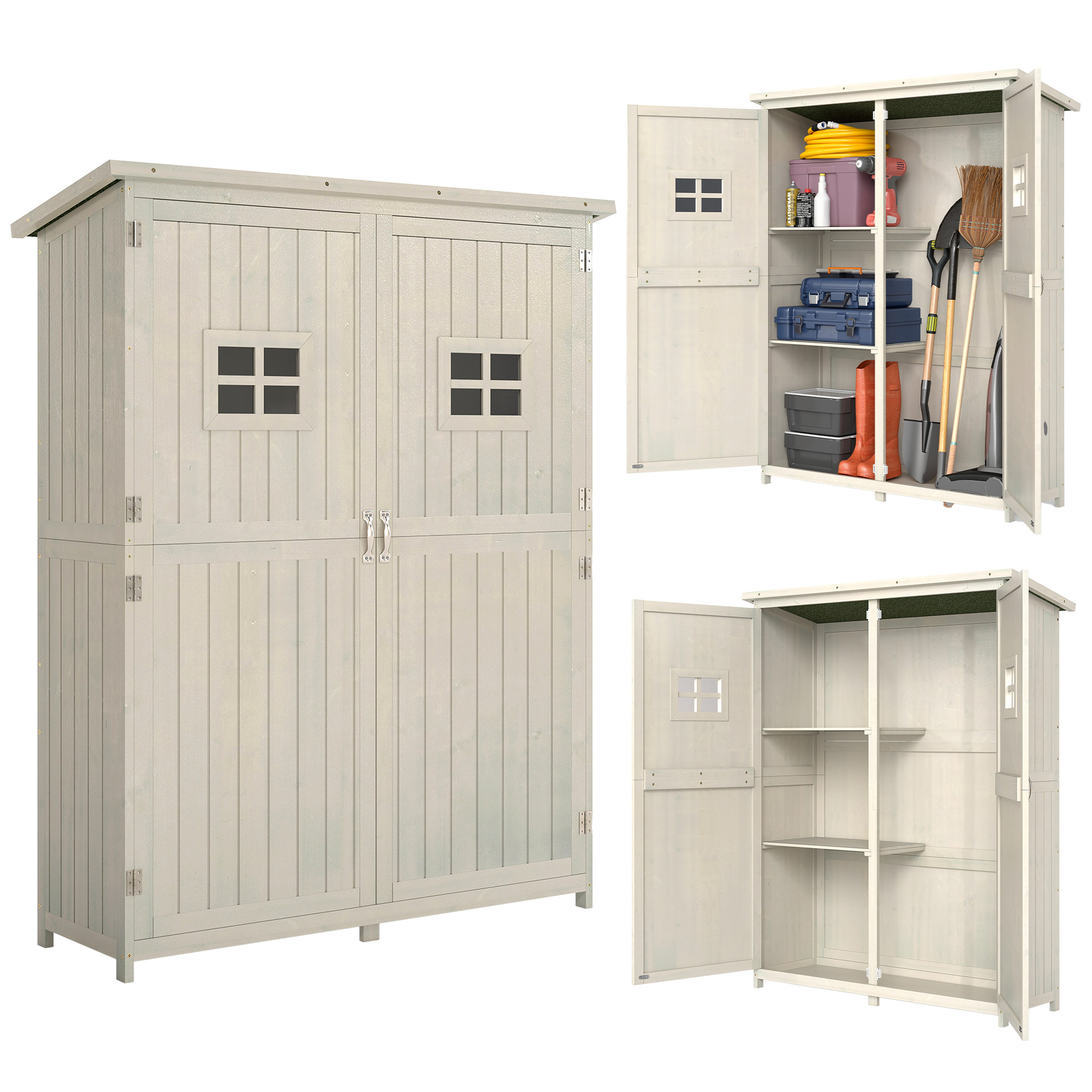 Outsunny Cobertizo de Madera Caseta Exterior Armario Herramientas de Jardinería Doble Puertas Techo Impermeable Compartimientos de Diferentes Tamaños 127,5x50x164cm Madera Maciza