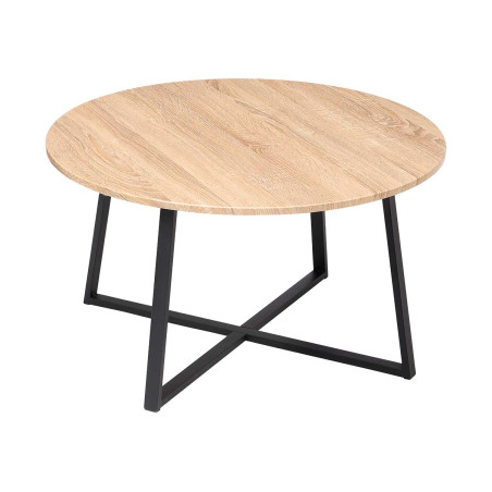 Mesa auxiliar redonda efecto madera natural con patas metálicas negras Ø80 cm, diseño industrial y nórdico para salón o despacho
