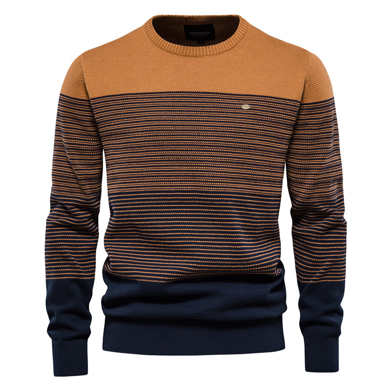 TK Suéter de punto a rayas para hombre, estilo retro, manga larga, corte ajustado, cuello redondo, ideal para otoño/invierno.