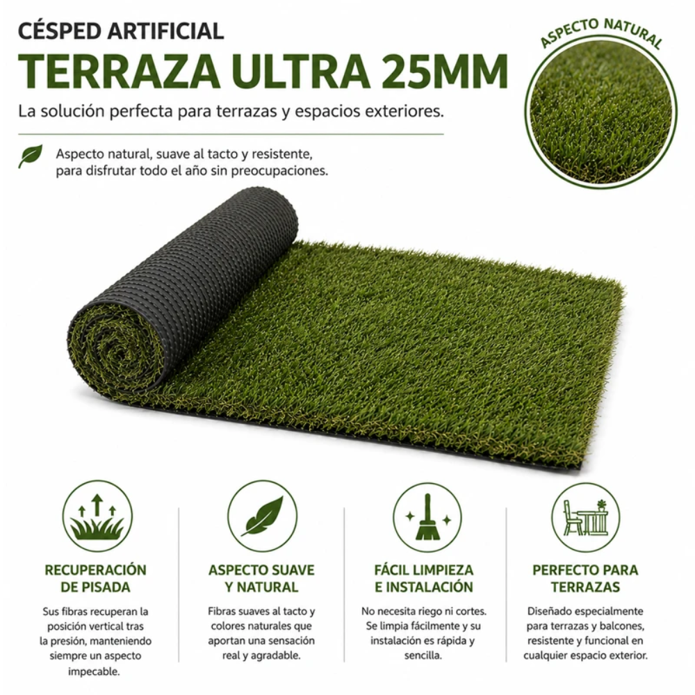 Arquiservi - Césped artificial Terraza Ultra 25mm. Jardín, Terraza y Piscina. Fácil instalación y mantenimiento.
