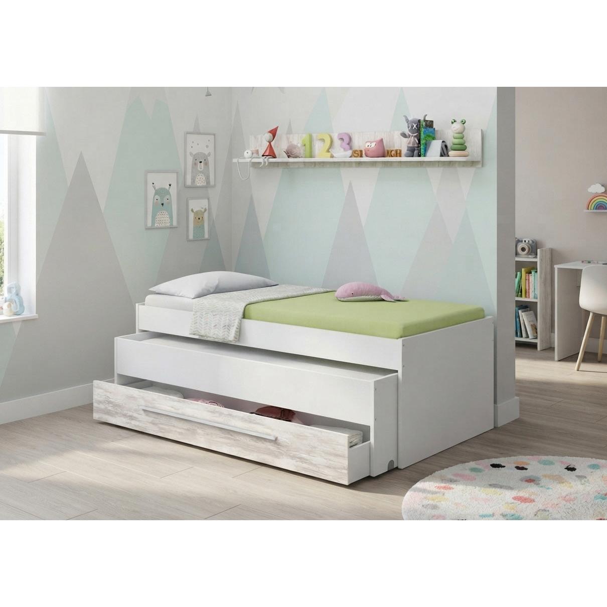 Cama Nido Juvenil Elliot con Estante + 1 Cajon, 199 cm, Blanco y Gris + Somier Creta + Colchon Basico de 15 cm