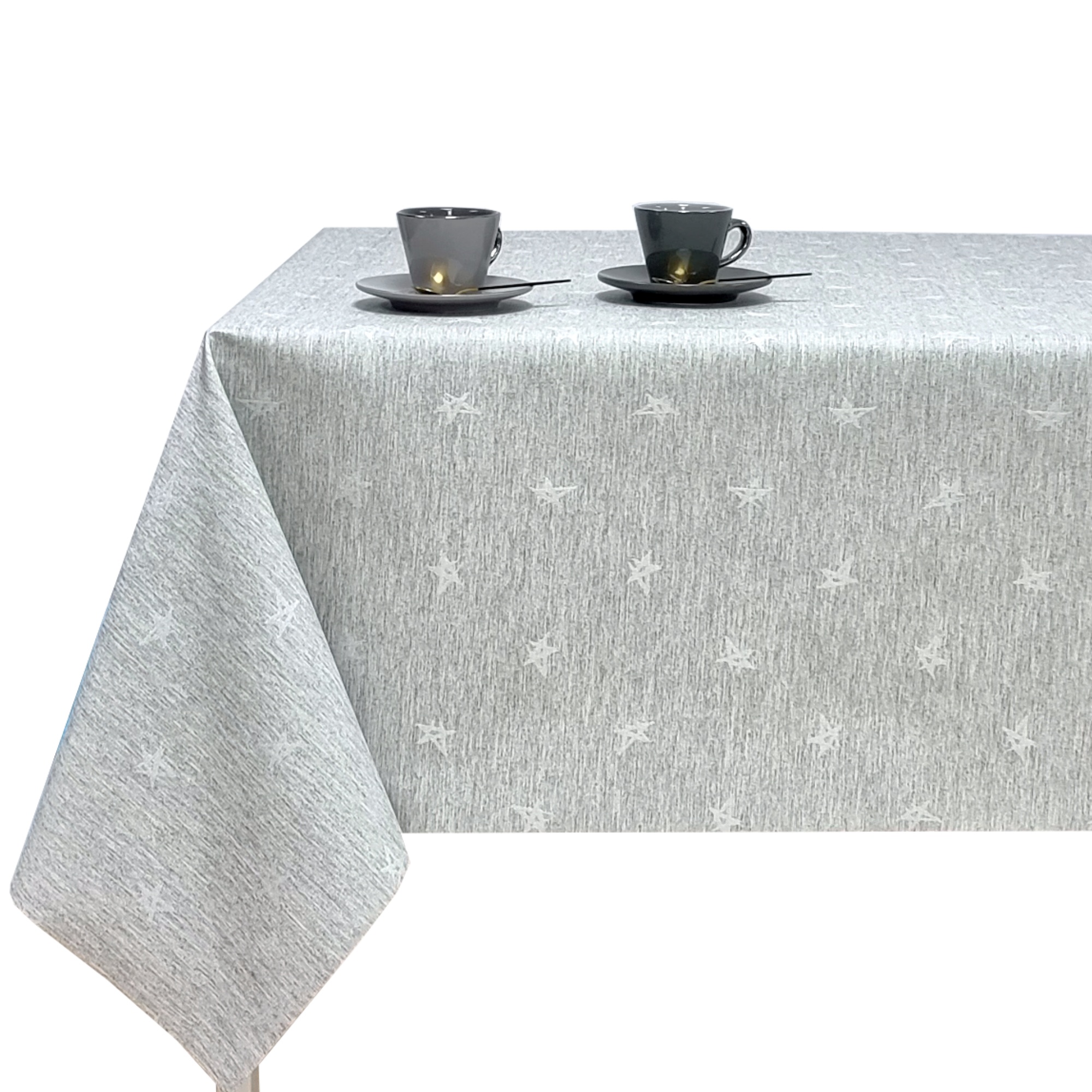 Mantel tela textil resinado suave, rectangular, Ideal para el hogar, Cocina, Comedor, Jardin, Balcon, Salon y picnic. Fácil de limpiar, Impermeable Estilo moderno elegante, Fácil a limpiar, forma geométrica，Estrellitas blancas y fondo Gris，STELLA 02
