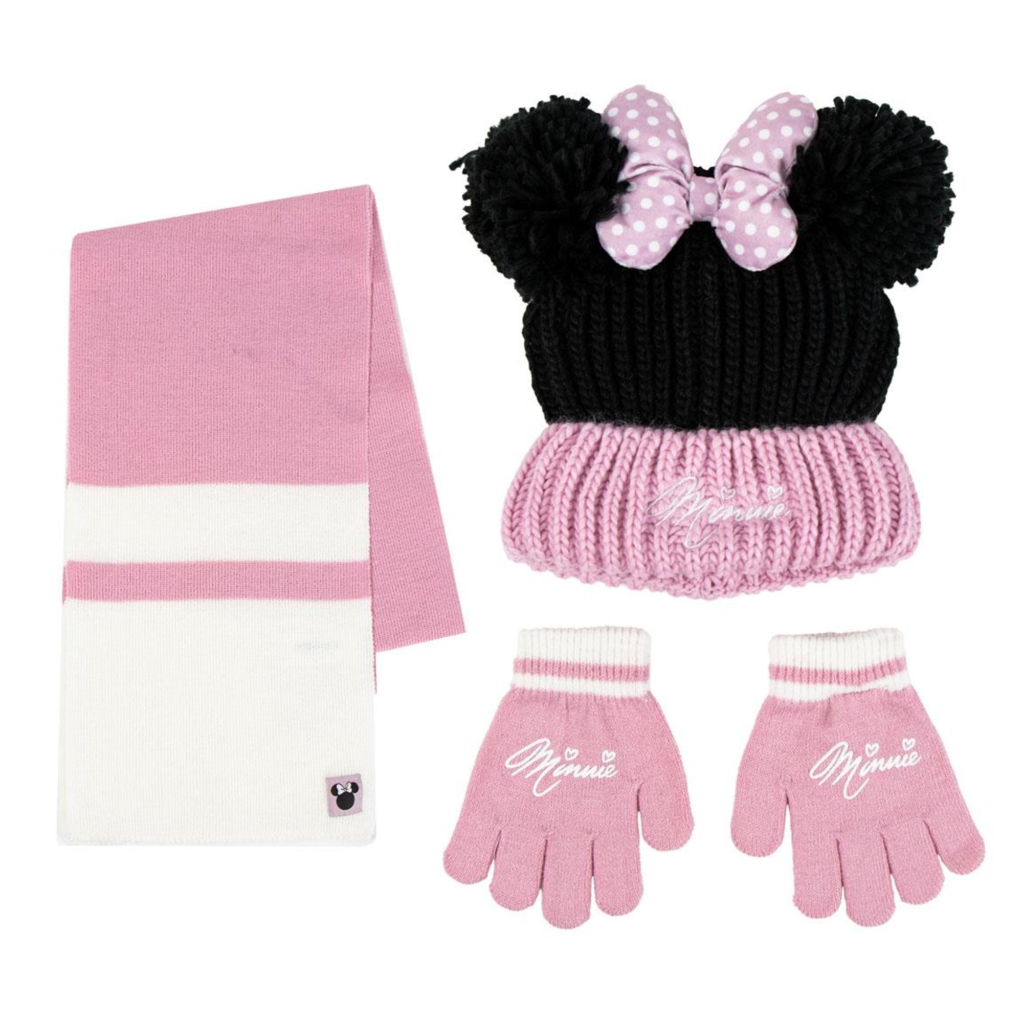 Set Infantil de Bufanda, Gorro y Guantes con Personaje Minnie para Niñas, Conjunto Térmico, Diseño Rosa y Negro con Detalles Divertidos, Ideal para Invierno y Regalos