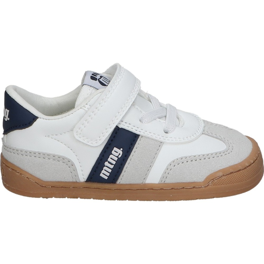 MTNG | Zapatilla Mustang Free Baby para Niña – Deportiva Blanca con Detalles en Azul Marino y Gris – Sneakers con Adhesivo y Cordones – Respetuosas – Plantilla Extraíble – Zero Drop – Vegan – Modelo 49060