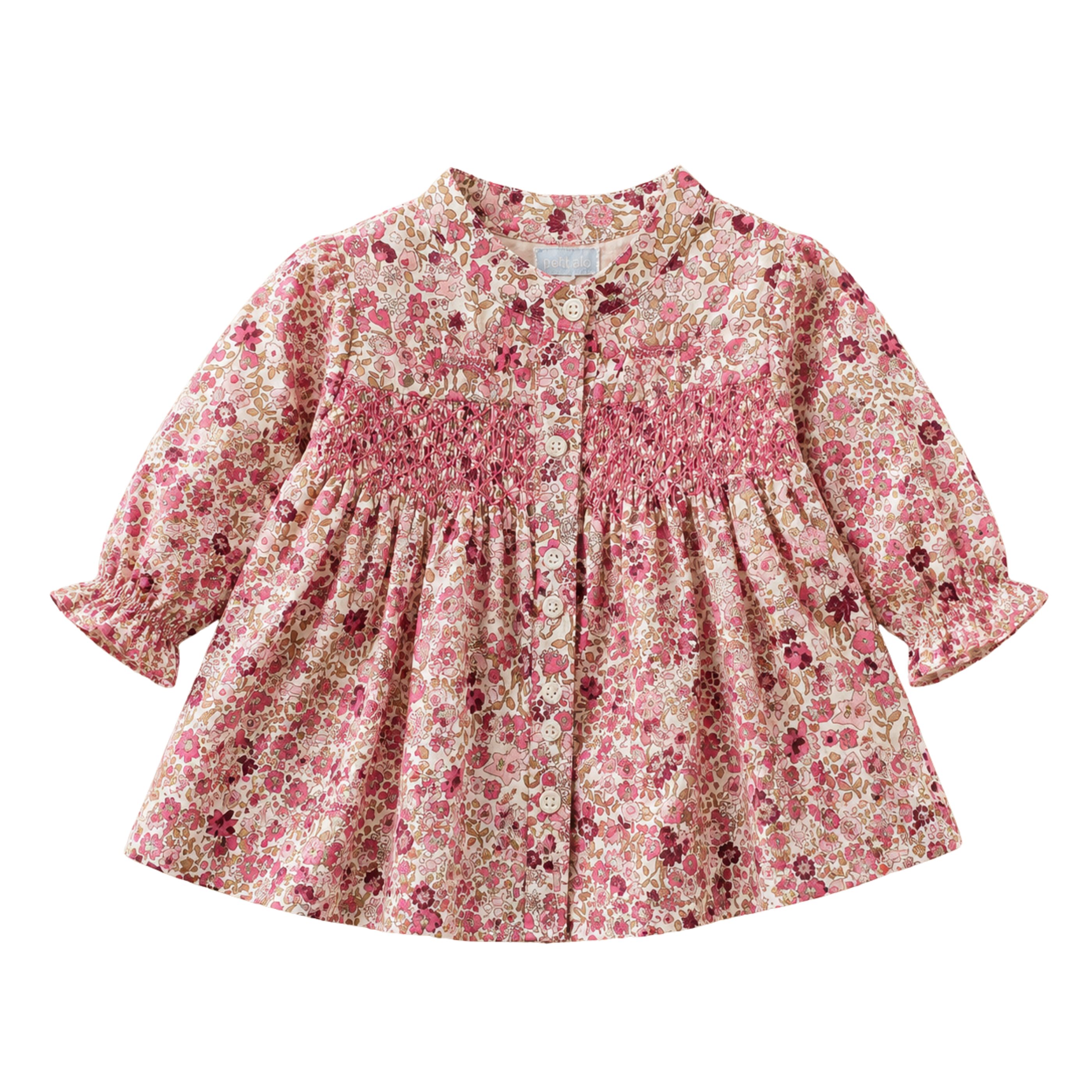 Vestido para Bebé Rosa Nido de Abeja Manga Larga Petit Alo Vestido Elegante para Bebé Algodón 100%