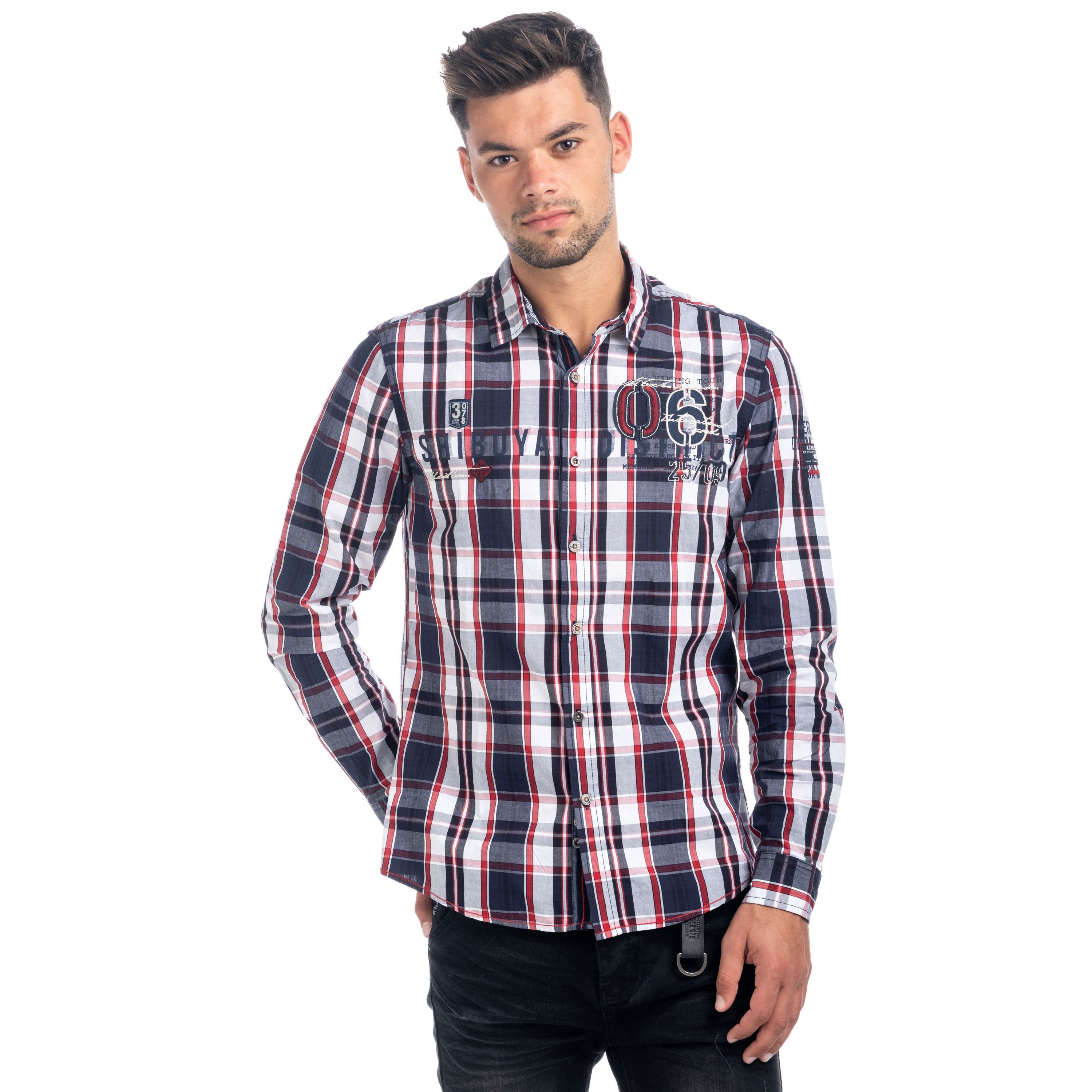 Koroshi - Camisa casual de manga larga con cuadros azules y bordados personalizados para hombre, 100% algodón, corte regular y puños a contraste