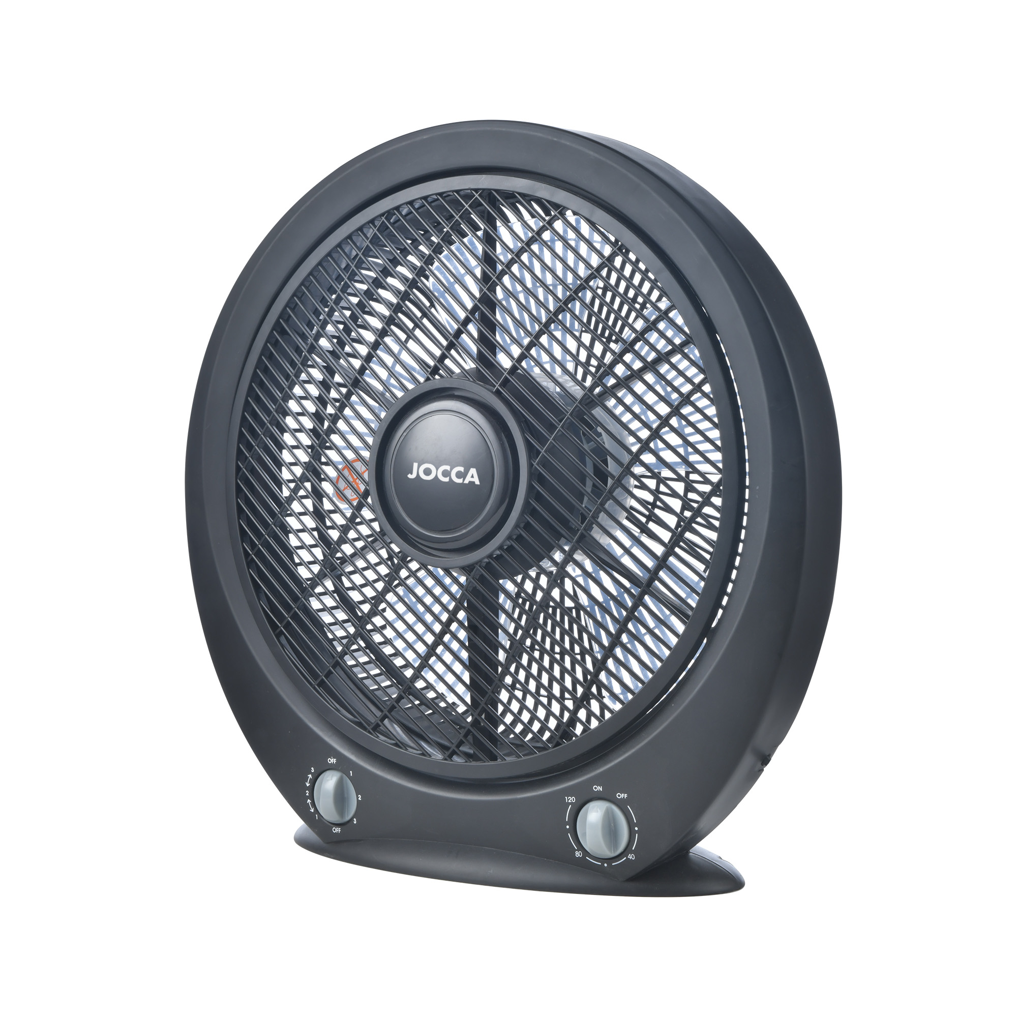 Ventilador Jocca box fan,  con 30 cm de diámetro, sistema formado por 5 aspas, gran caudal de aire con 3 velocidades, temporizador de hasta 120 minutos con auto apagado, difusor rotativo 360º y 45W de potencia.